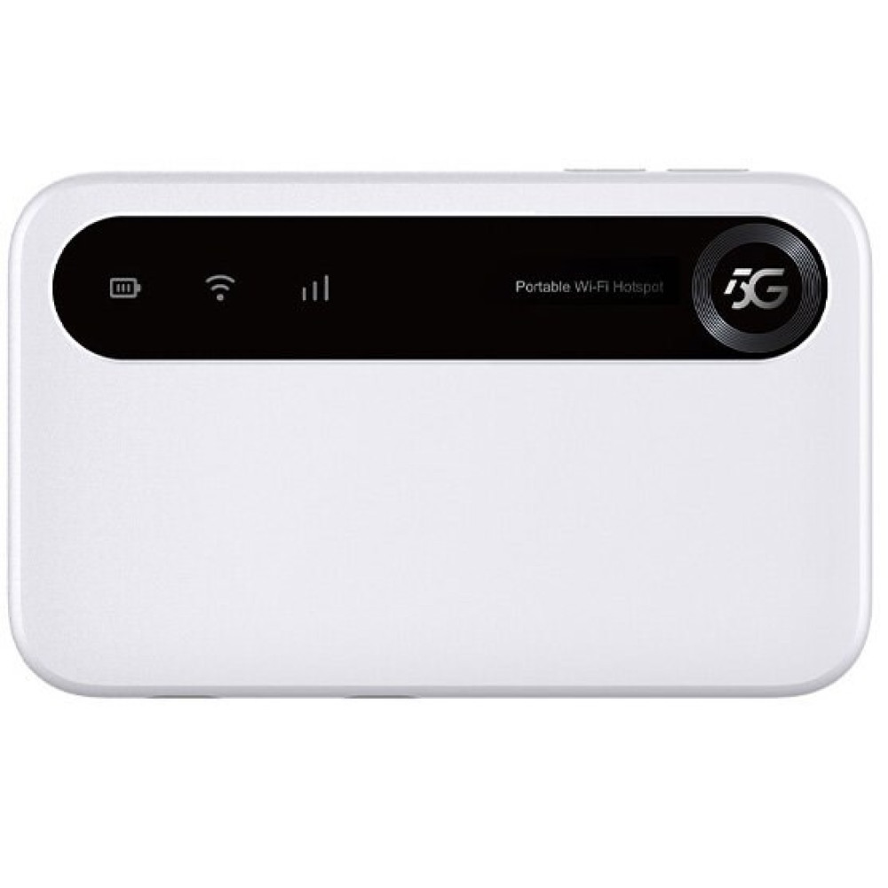 Przenośny biały hotspot Wi-Fi 5G z czarnym ekranem i ikonami baterii, Wi-Fi oraz zasięgu.