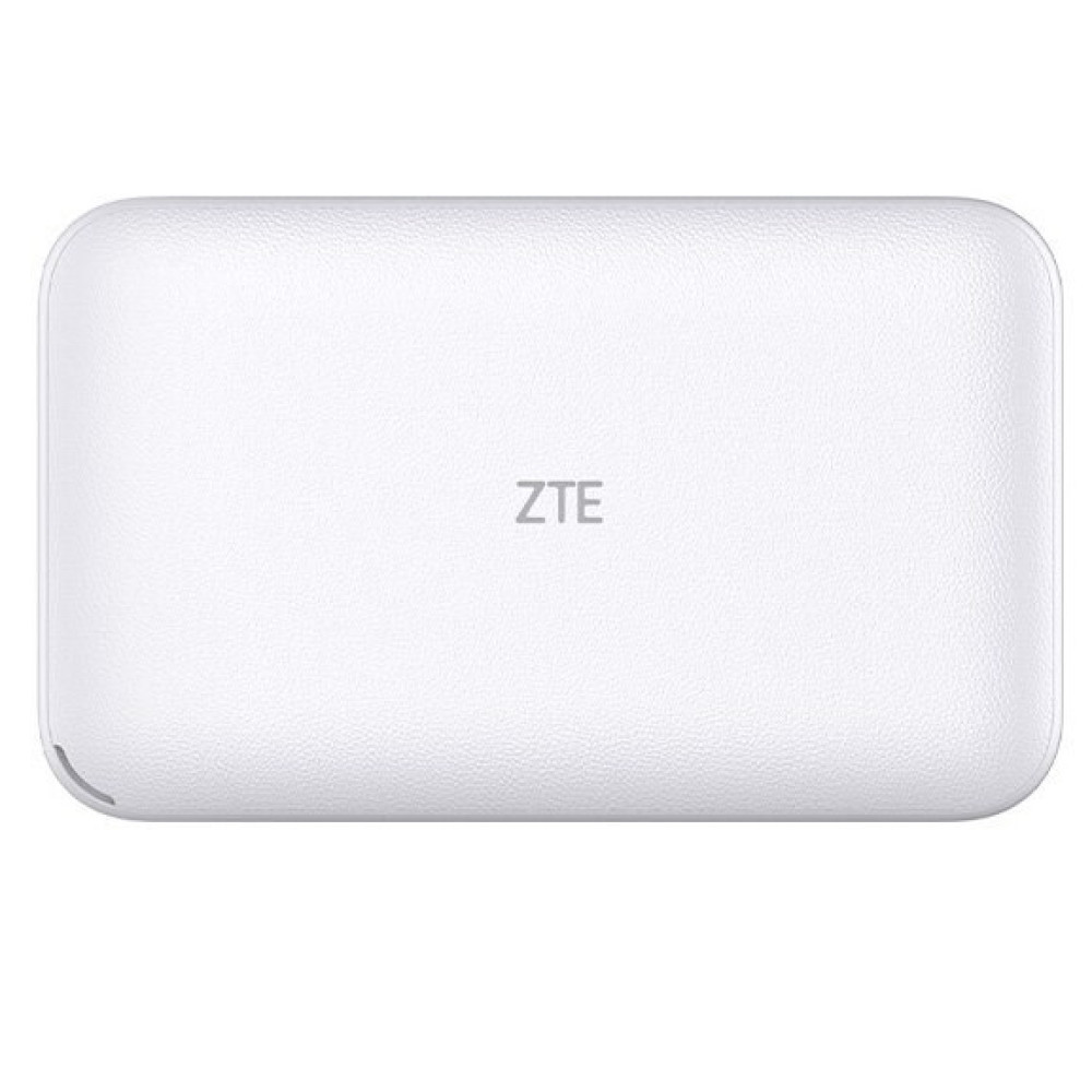 Biały, prostokątny mobilny router Wi-Fi ZTE z zaokrąglonymi rogami i logo ZTE na środku na białym tle.