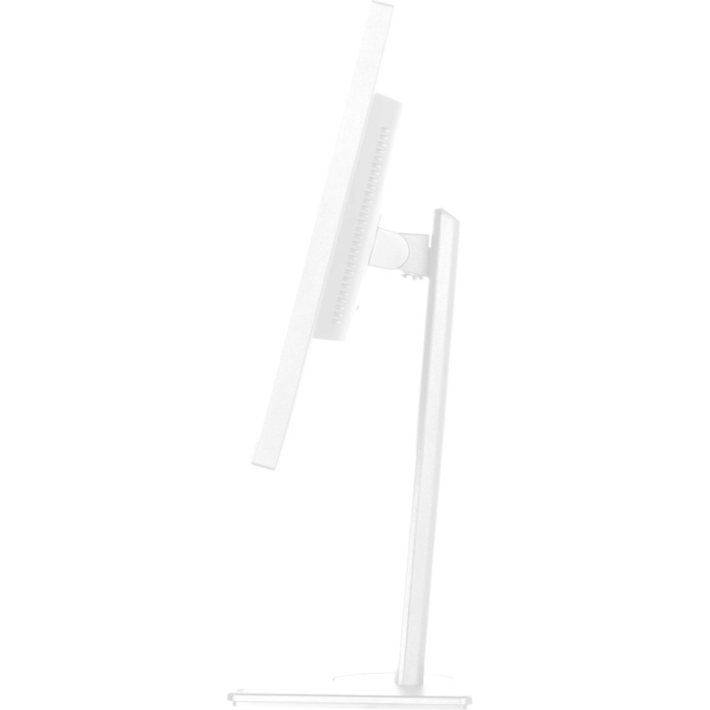 Side view of a white computer monitor on a stand against a white background.