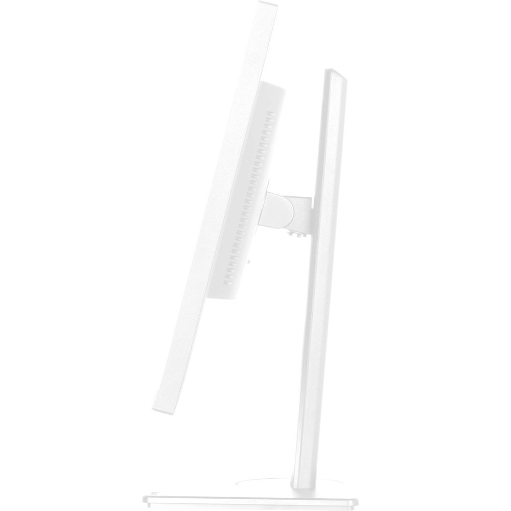 Side view of a white computer monitor with a stand on a white background.