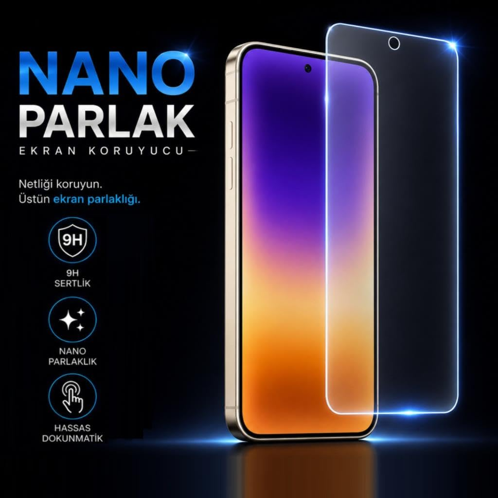 Koyu arka planda 9H sertlik ve dokunmatik hassasiyet simgeleri içeren nano parlak ekran koruyuculu akıllı telefon.