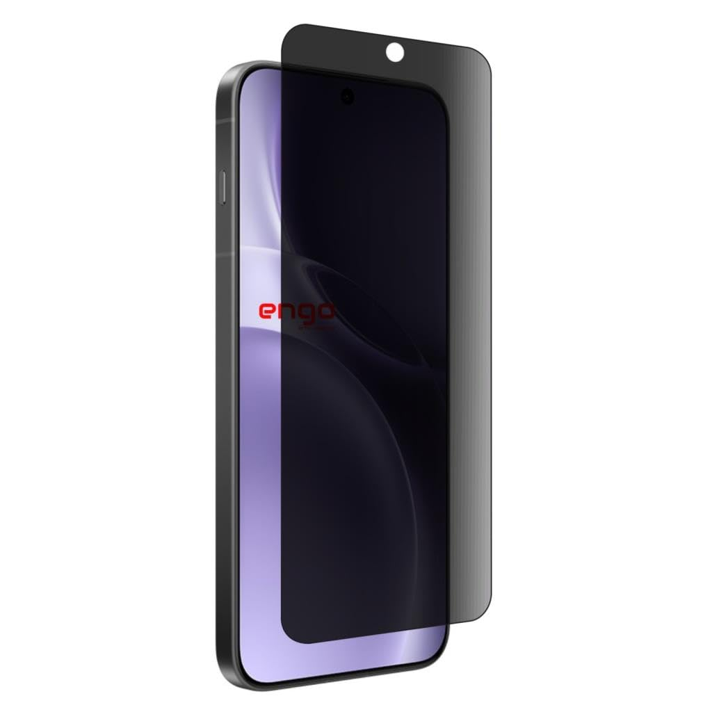 Mor ekranlı bir akıllı telefonun önünde çapraz duran siyah bir ekran koruyucu.