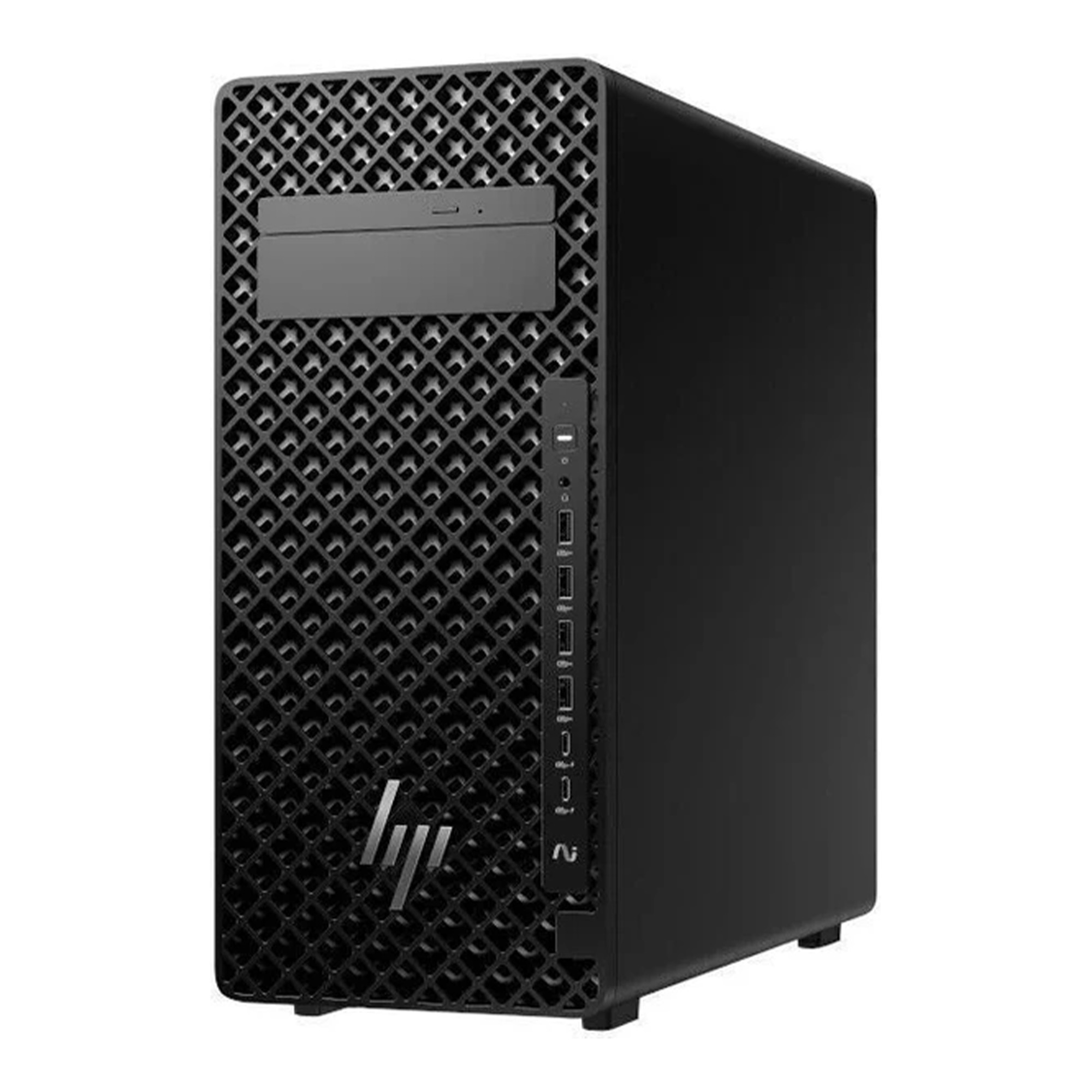 Elmas desenli ön ızgaraya ve gümüş logoya sahip siyah bir HP masaüst ü bilgisayar.