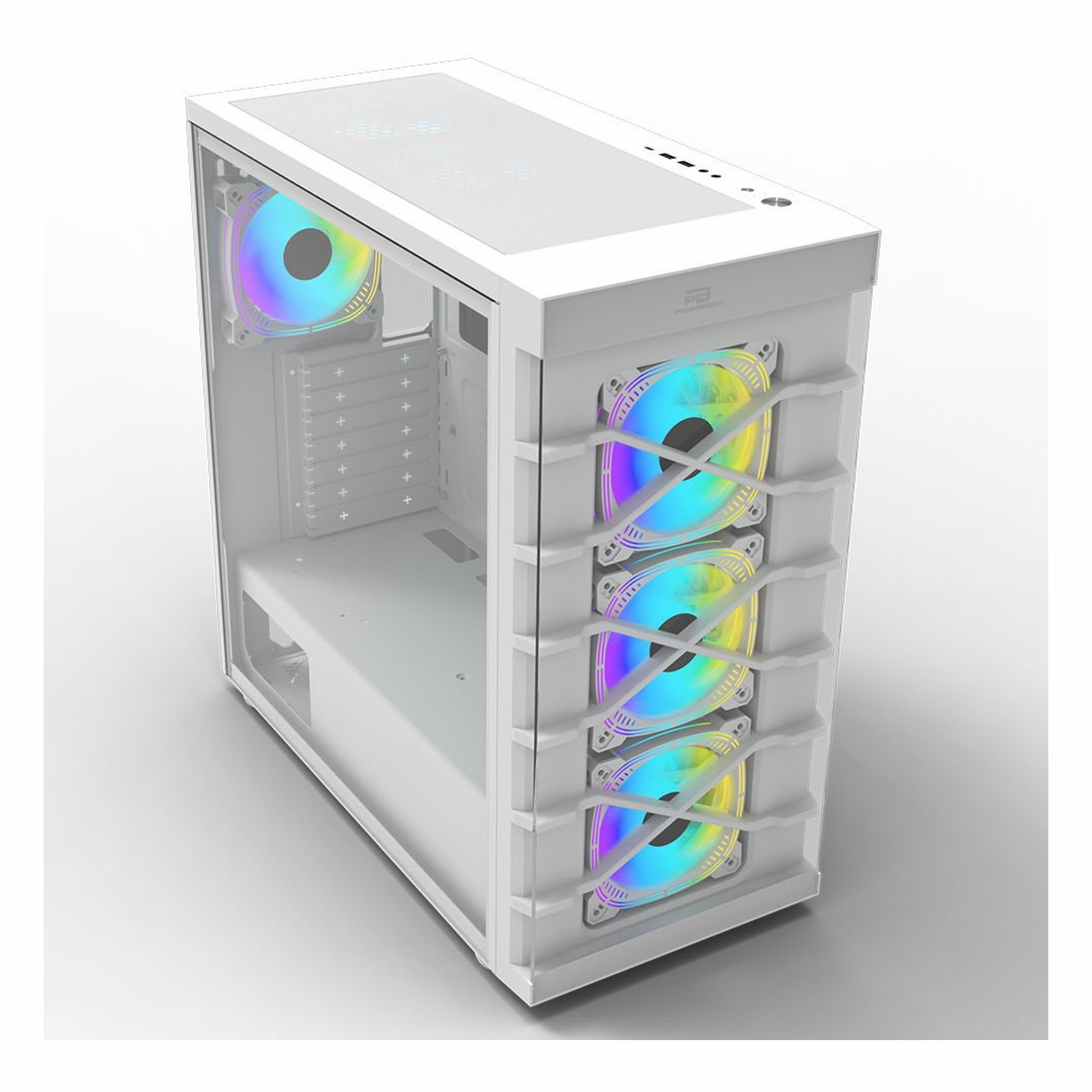 Önde ve arkada dört renkli RGB fanlı, cam yan panelli beyaz bilgisayar kasası.