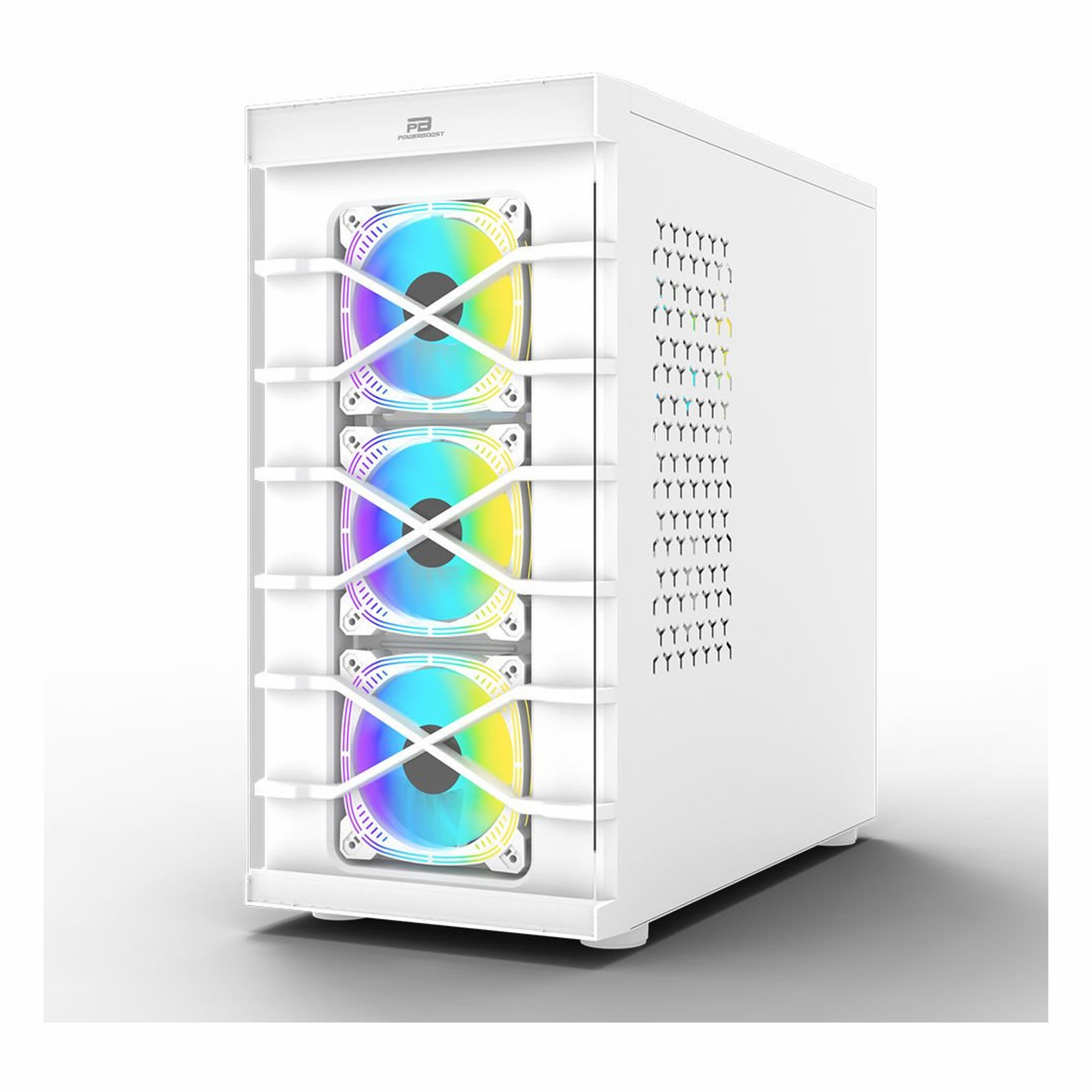Ön tarafta üç parlak RGB fan bulunan beyaz bilgisayar kasası.