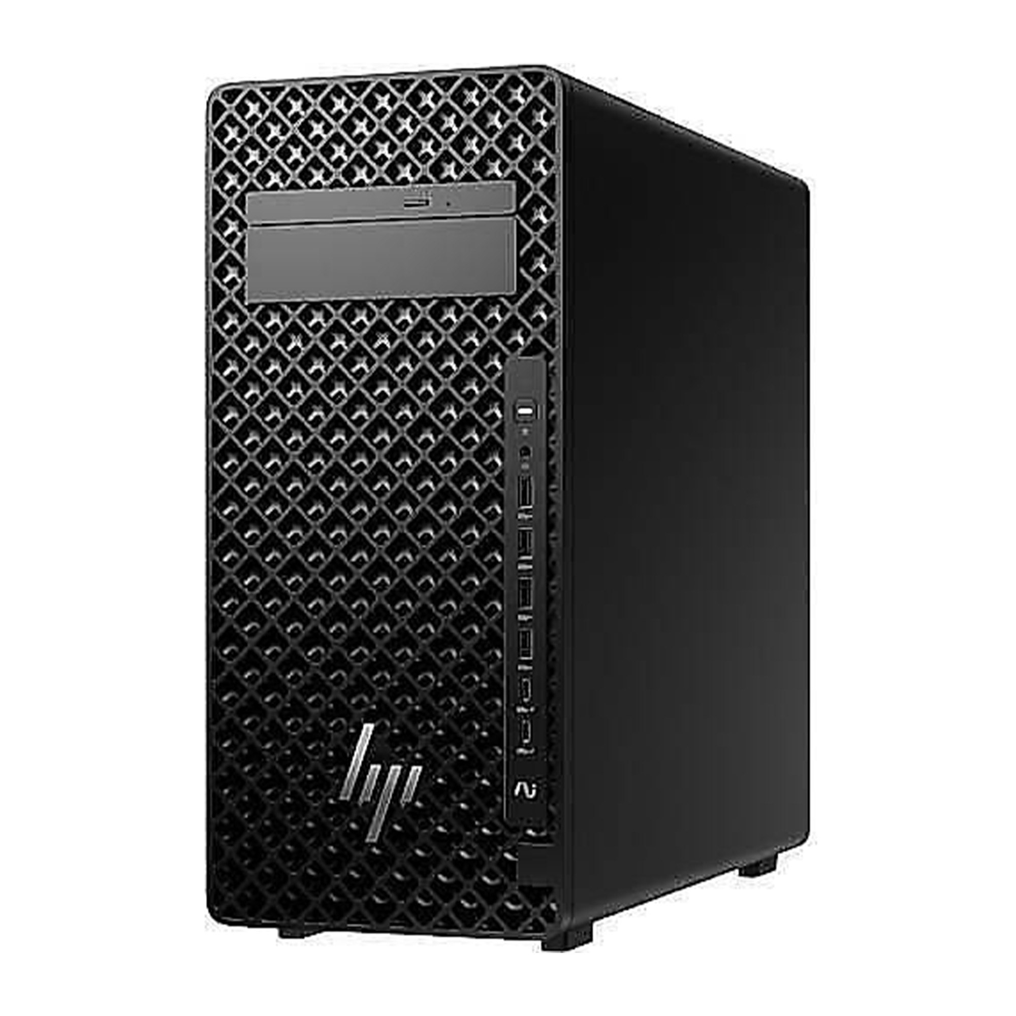Dokulu ön panelli ve gümüş HP logolu siyah HP masaüstü bilgisayar kasası.