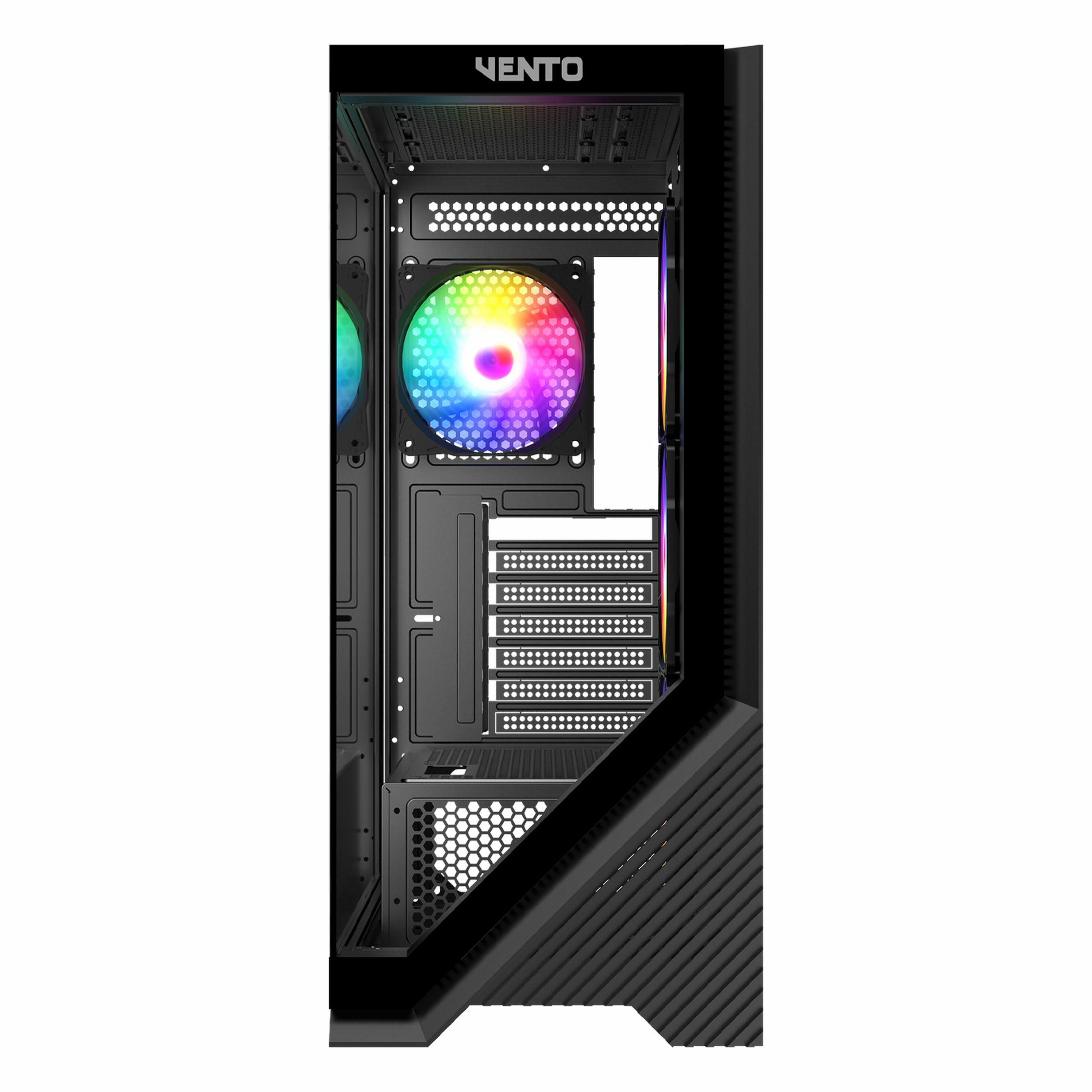 Işıklı RGB fanlı ve örgü havalandırma panelli siyah VENTO bilgisayar kasası.