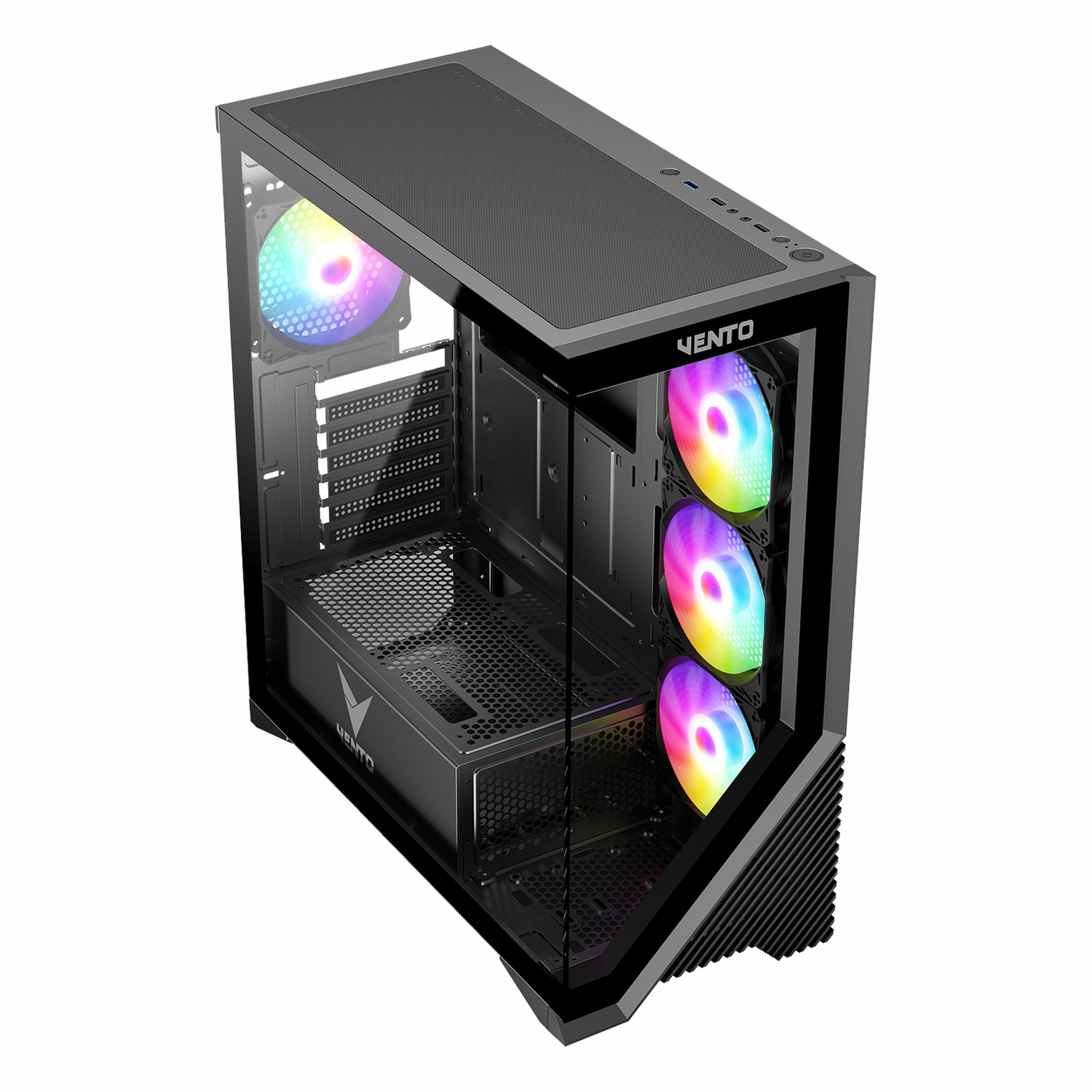 Dört renkli RGB fanlı siyah Vento cam bilgisayar kasası.