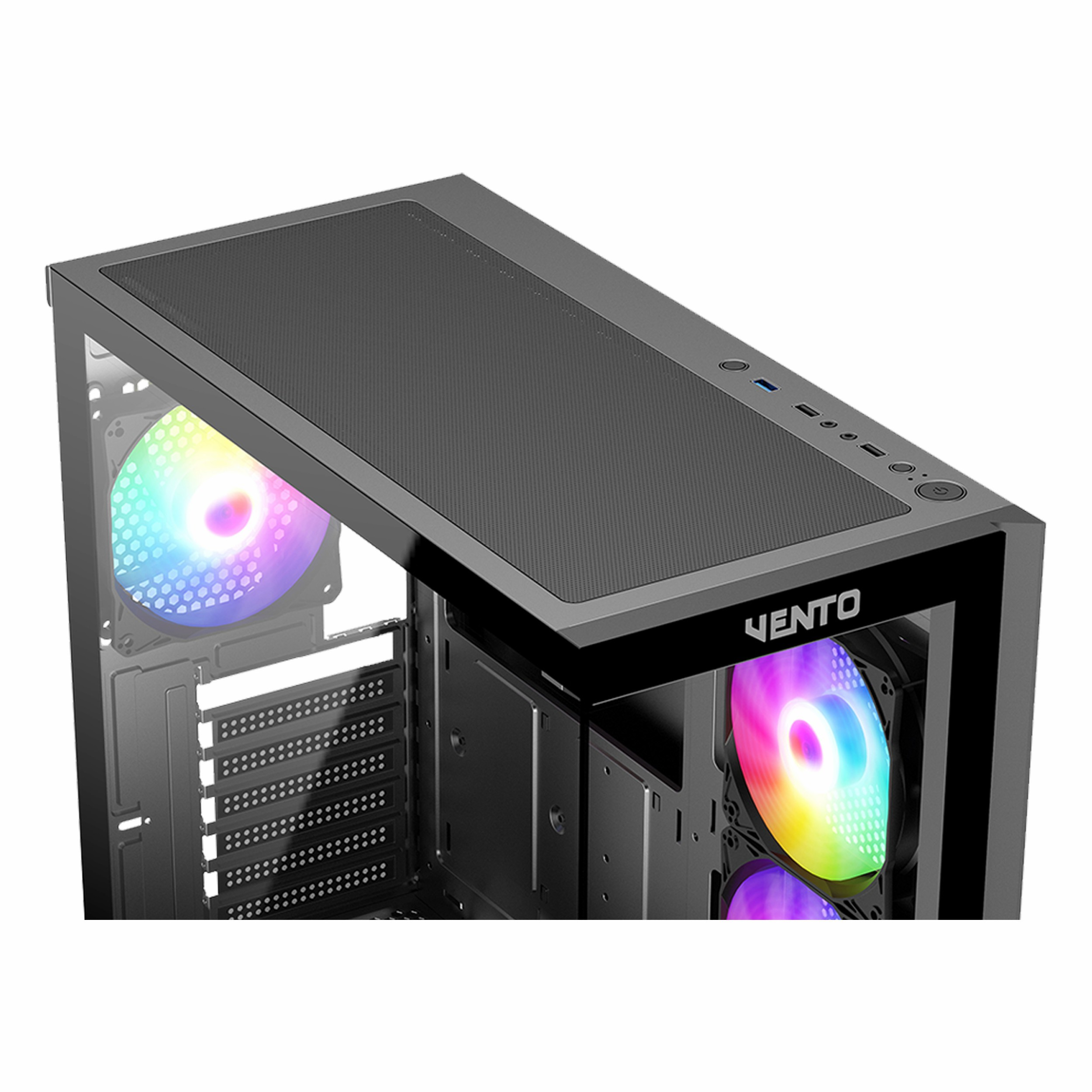 Vento logolu ve renkli RGB fanlı siyah bilgisayar kasası.