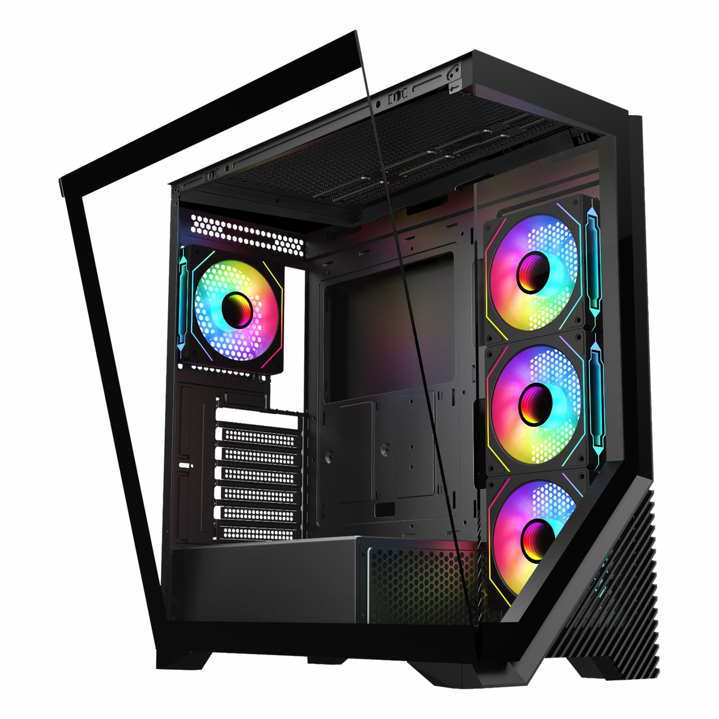 Cam ön panelli ve dört renkli RGB fanlı siyah bir bilgisayar kasası.