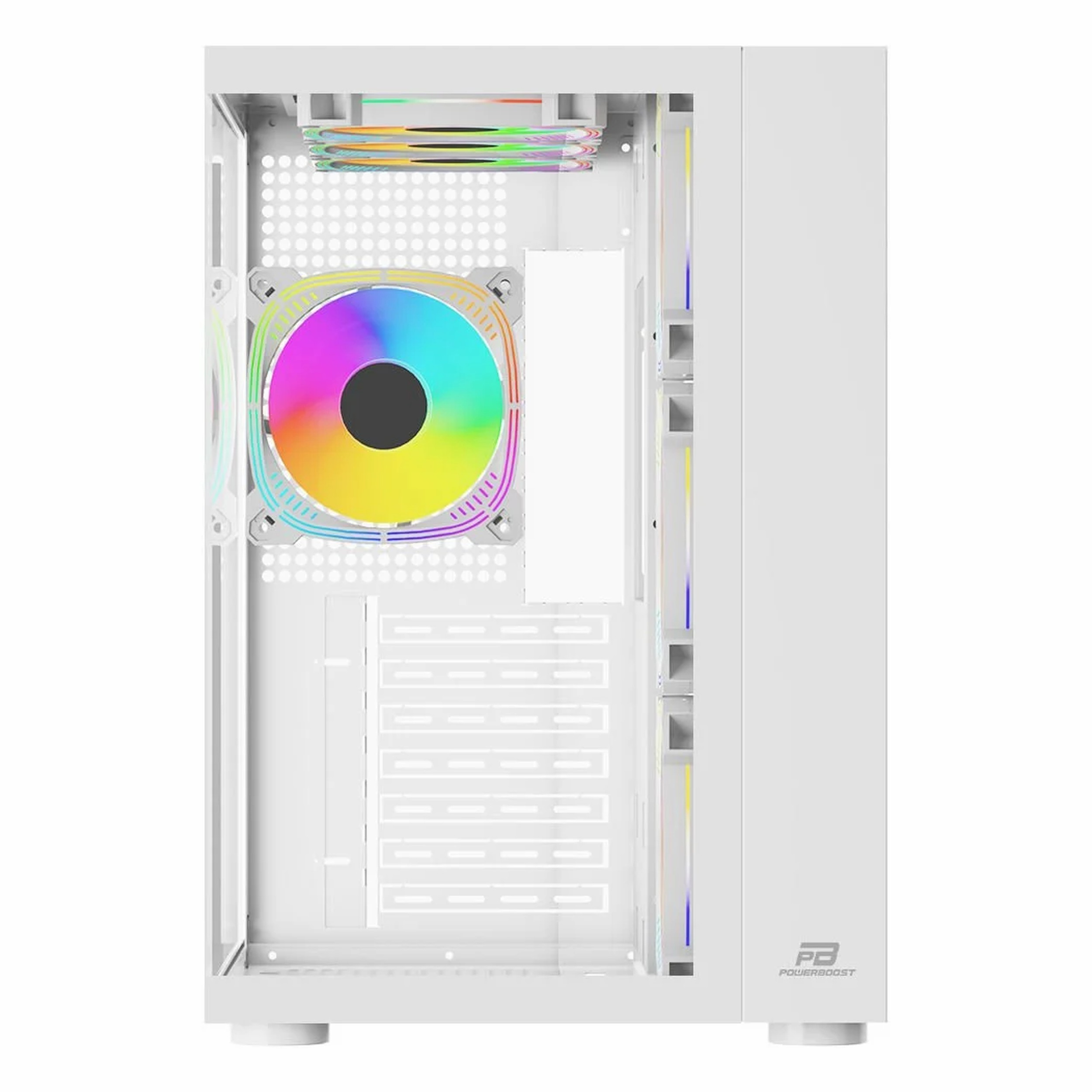 İç RGB fanlara ve şeffaf yan panele sahip beyaz bilgisayar kasası.