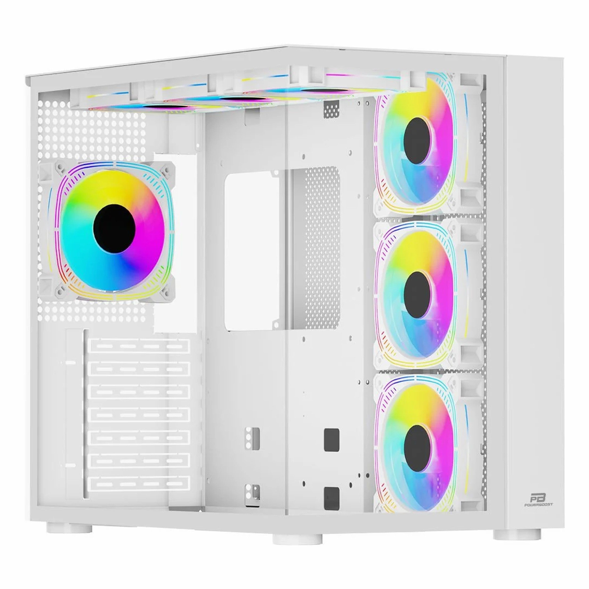 Cam ön panelli ve çok renkli RGB fanlı beyaz bilgisayar kasası.