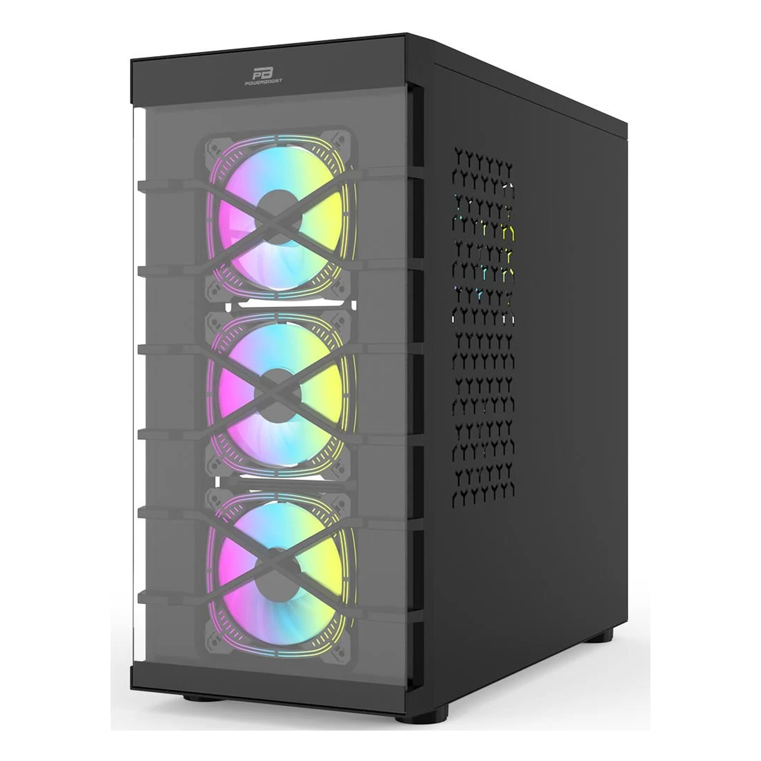 Cam ön panelli ve üç RGB fanlı siyah bilgisayar kasası.