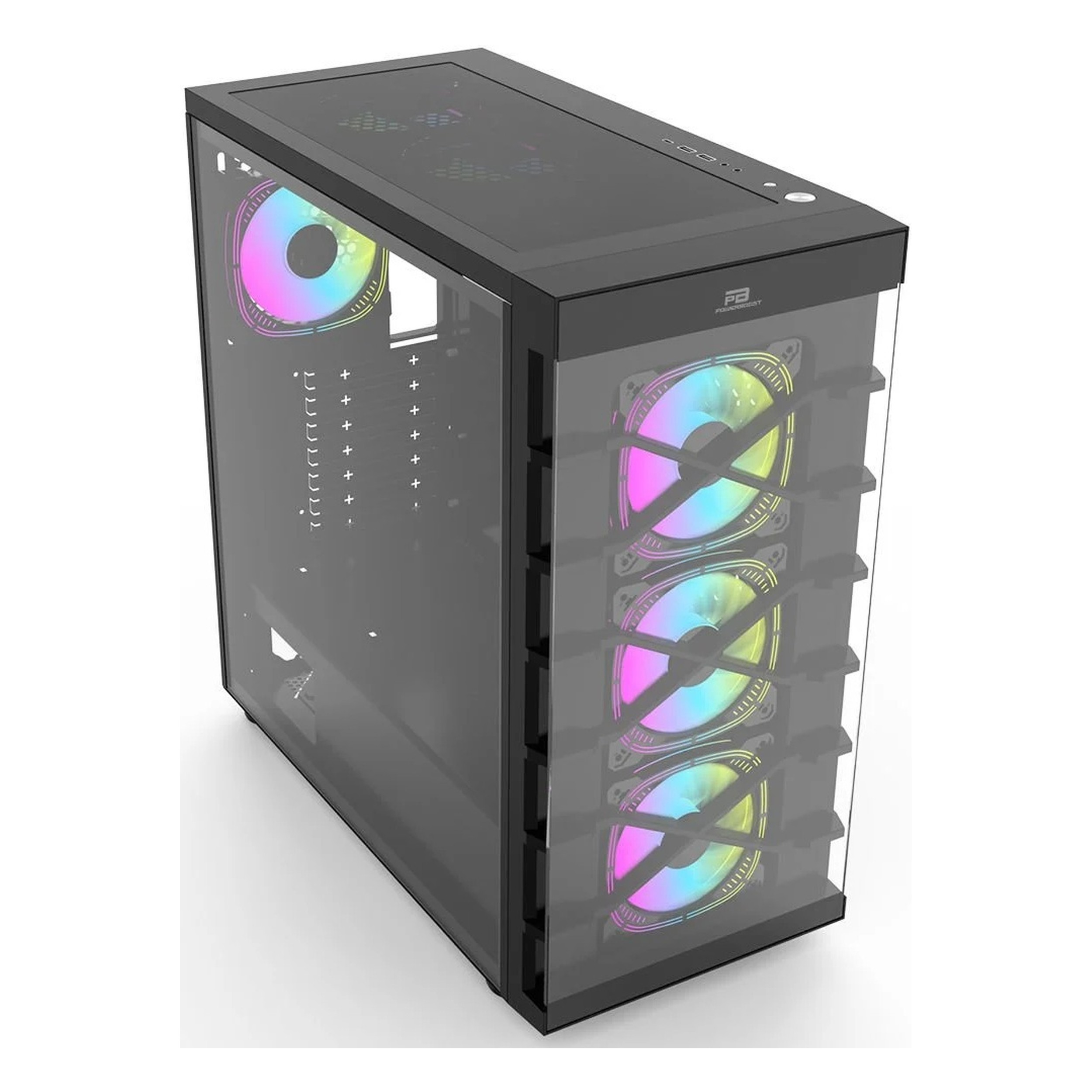 Dört renkli RGB fanlı ve görünür iç mekana sahip siyah cam PC kasası.