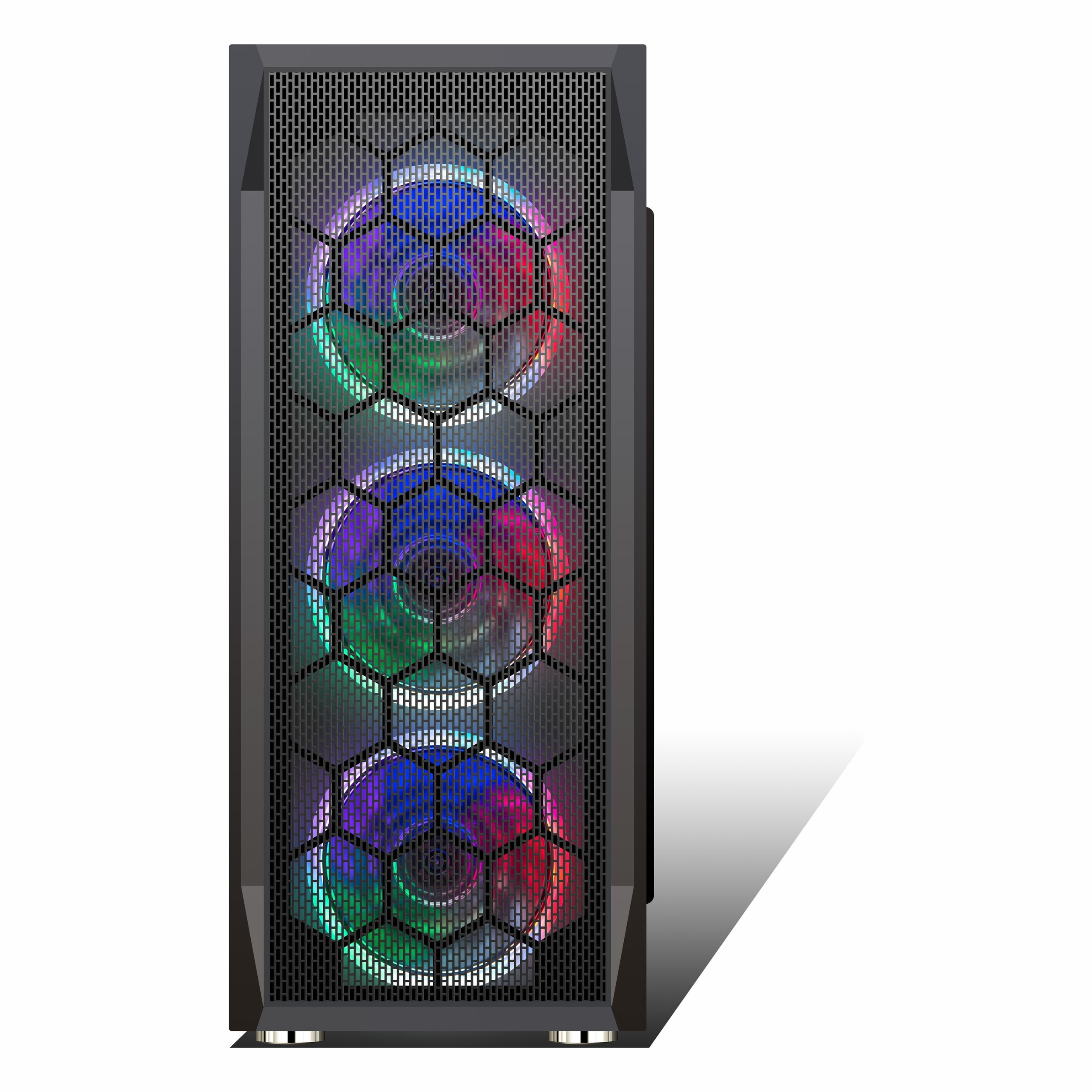 Ön panelinde file olan ve üç parlayan RGB fana sahip siyah bir bilgisayar kasası.