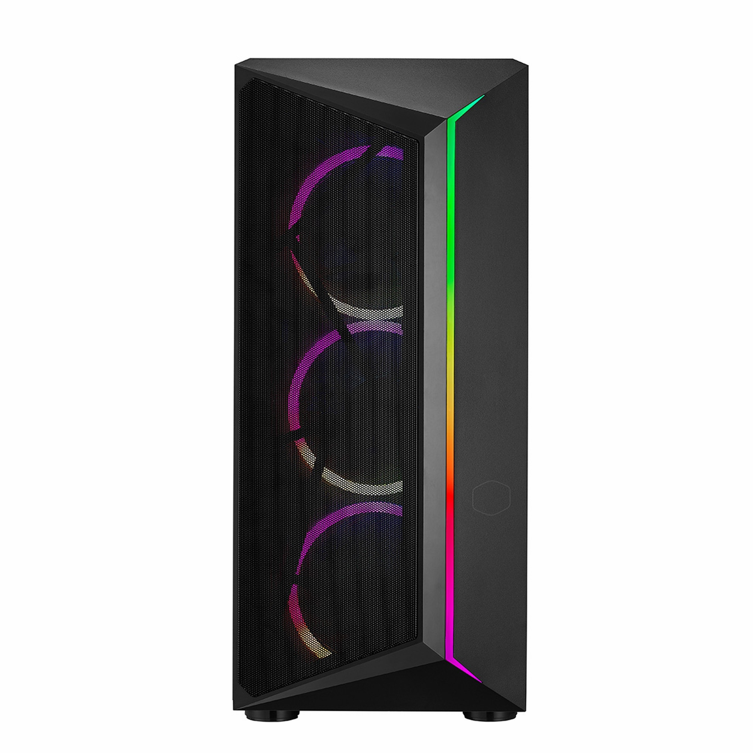 Beyaz arka planda fileli ön panelli ve RGB fanlı siyah bilgisayar kasası.