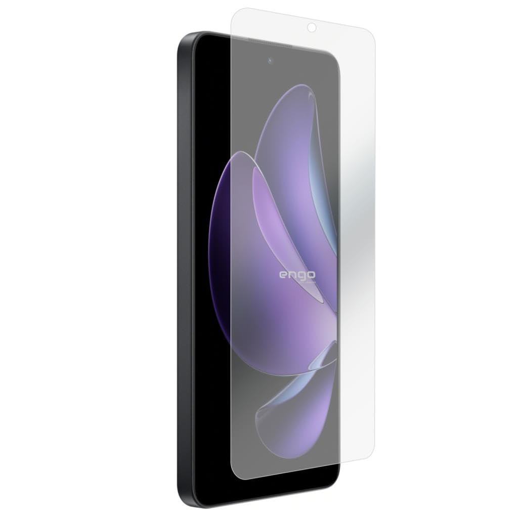 Önünde hafifçe konumlandırılmış şeffaf bir ekran koruyucu cam bulunan bir akıllı telefon.