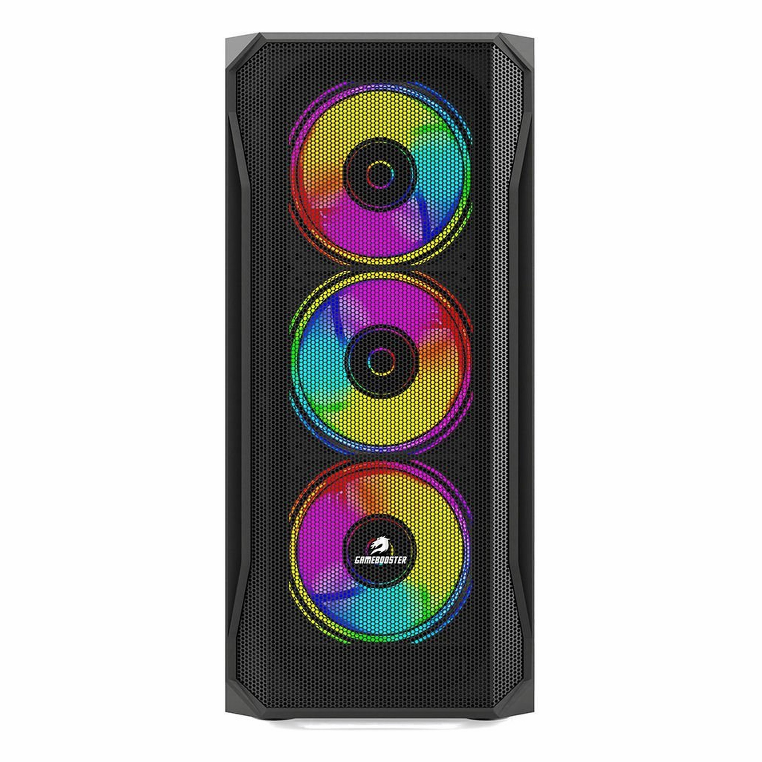 Beyaz arka planda önünde üç parlayan RGB fan bulunan siyah bilgisayar kasası.