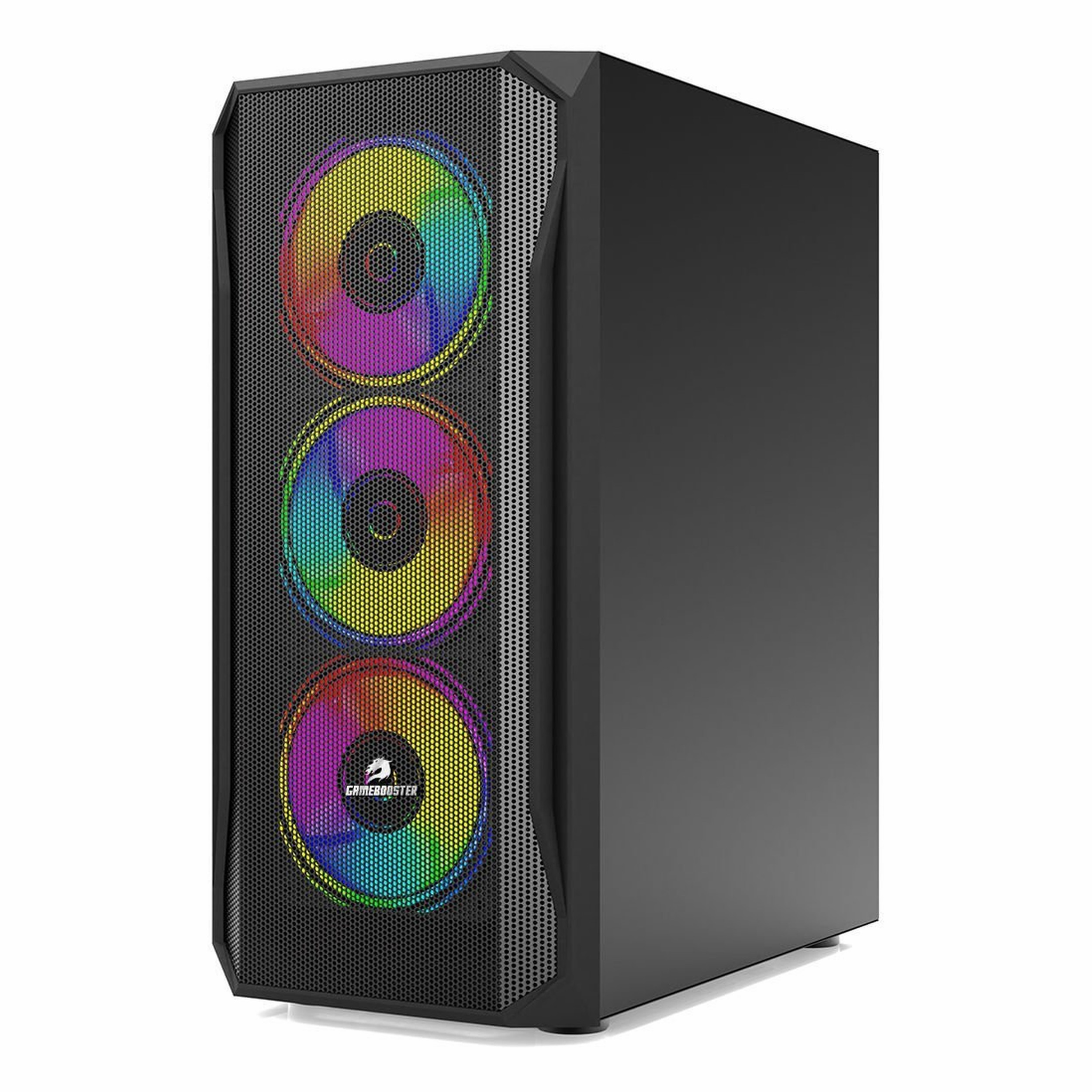 Ön paneli fileli ve üç renkli RGB fanlı siyah bilgisayar kasası.