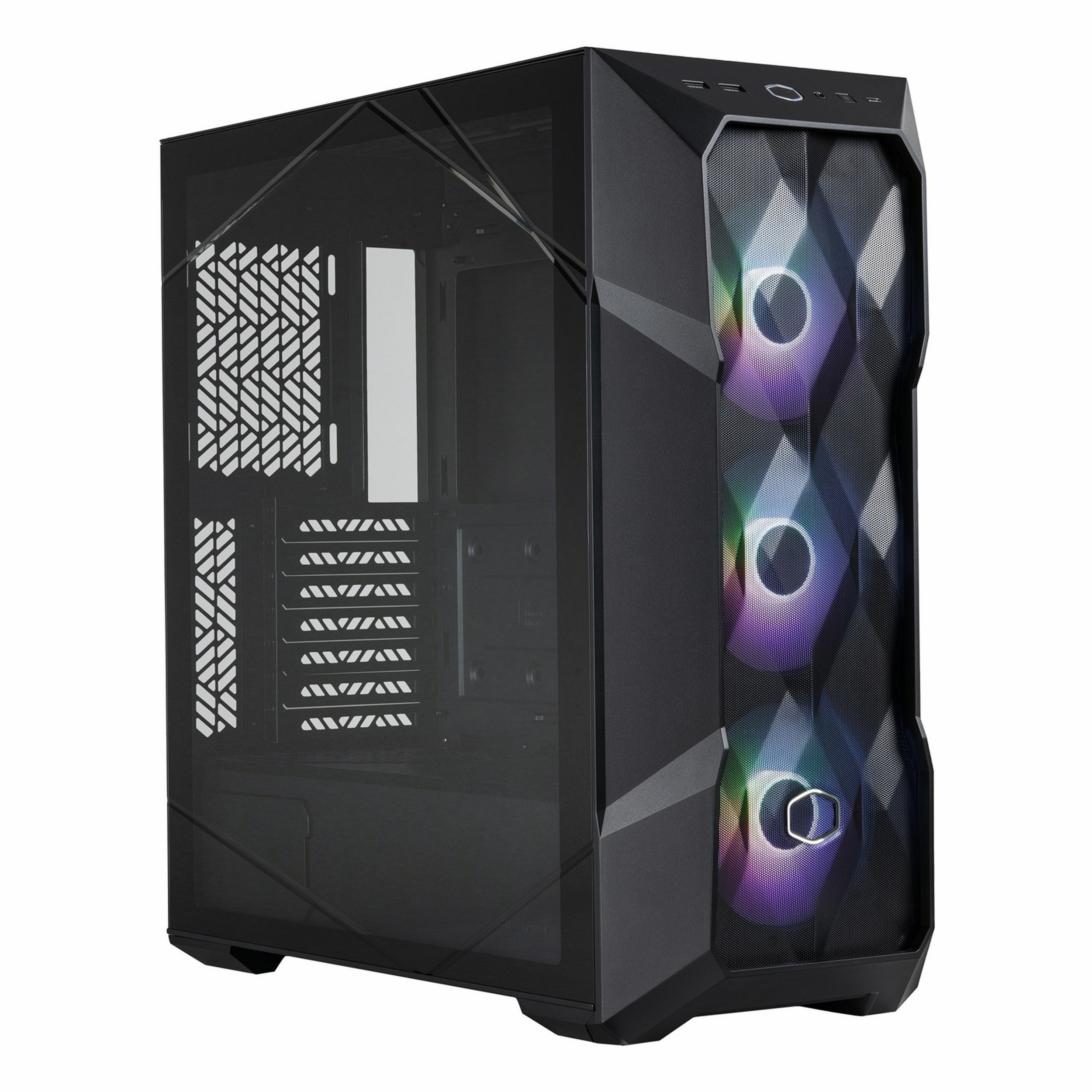 Cam yan panelli ve üç RGB fanlı siyah bilgisayar kasası.