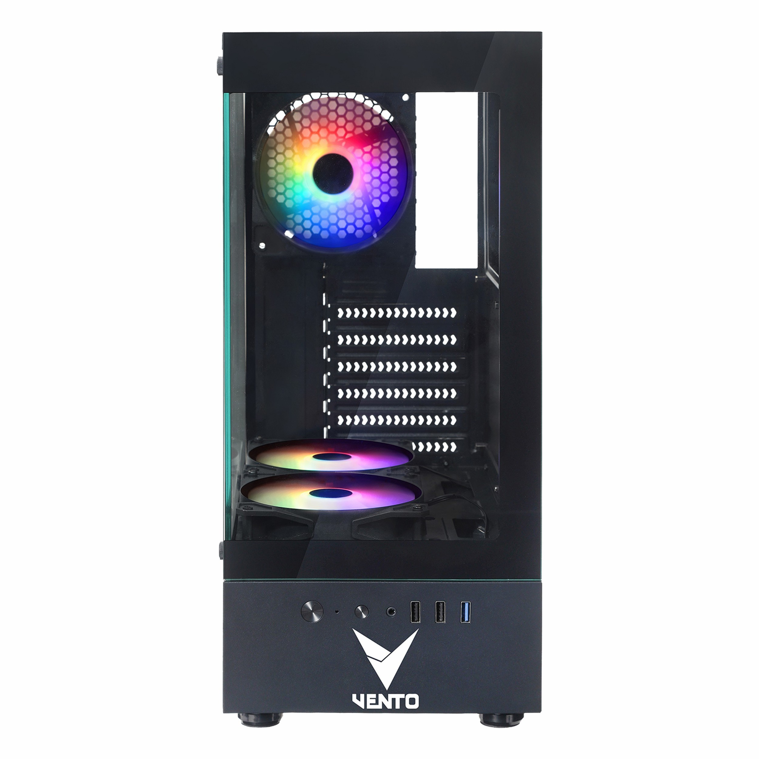 Cam yan panelli, RGB fanlı ve logolu siyah Vento bilgisayar kasası.