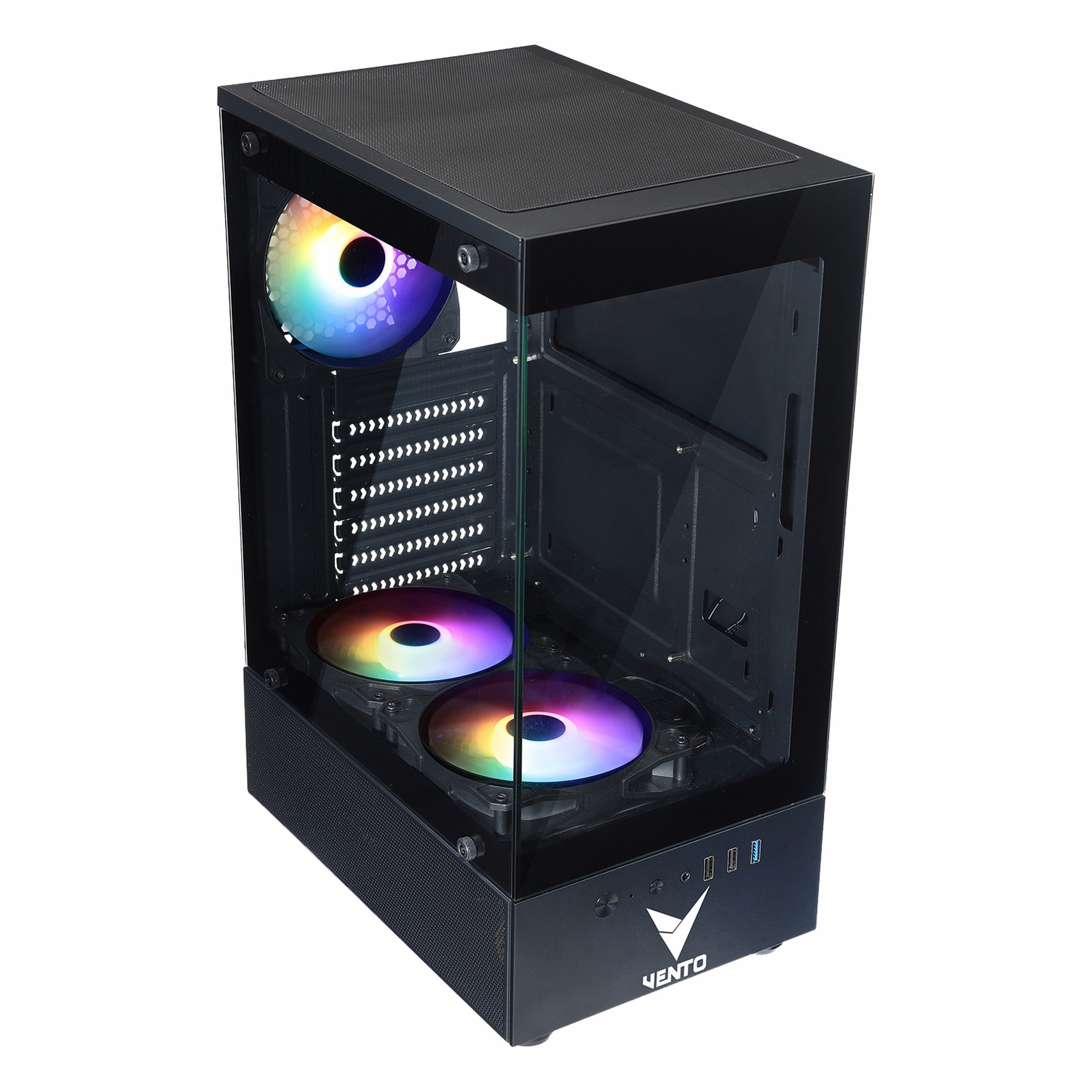 Beyaz arka planda RGB fanlı ve cam ön panelli siyah PC kasası.