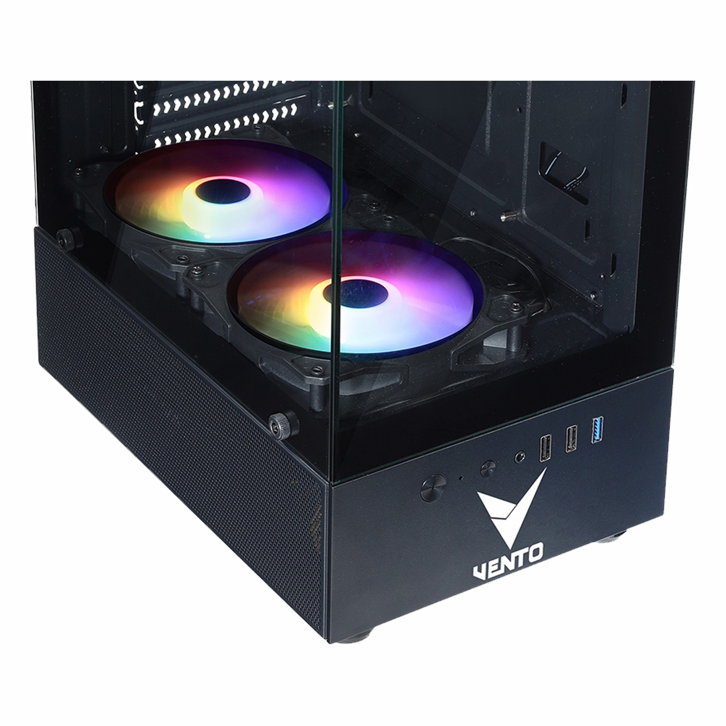 Cam yan panelli ve iki RGB fanlı siyah bilgisayar kasası.