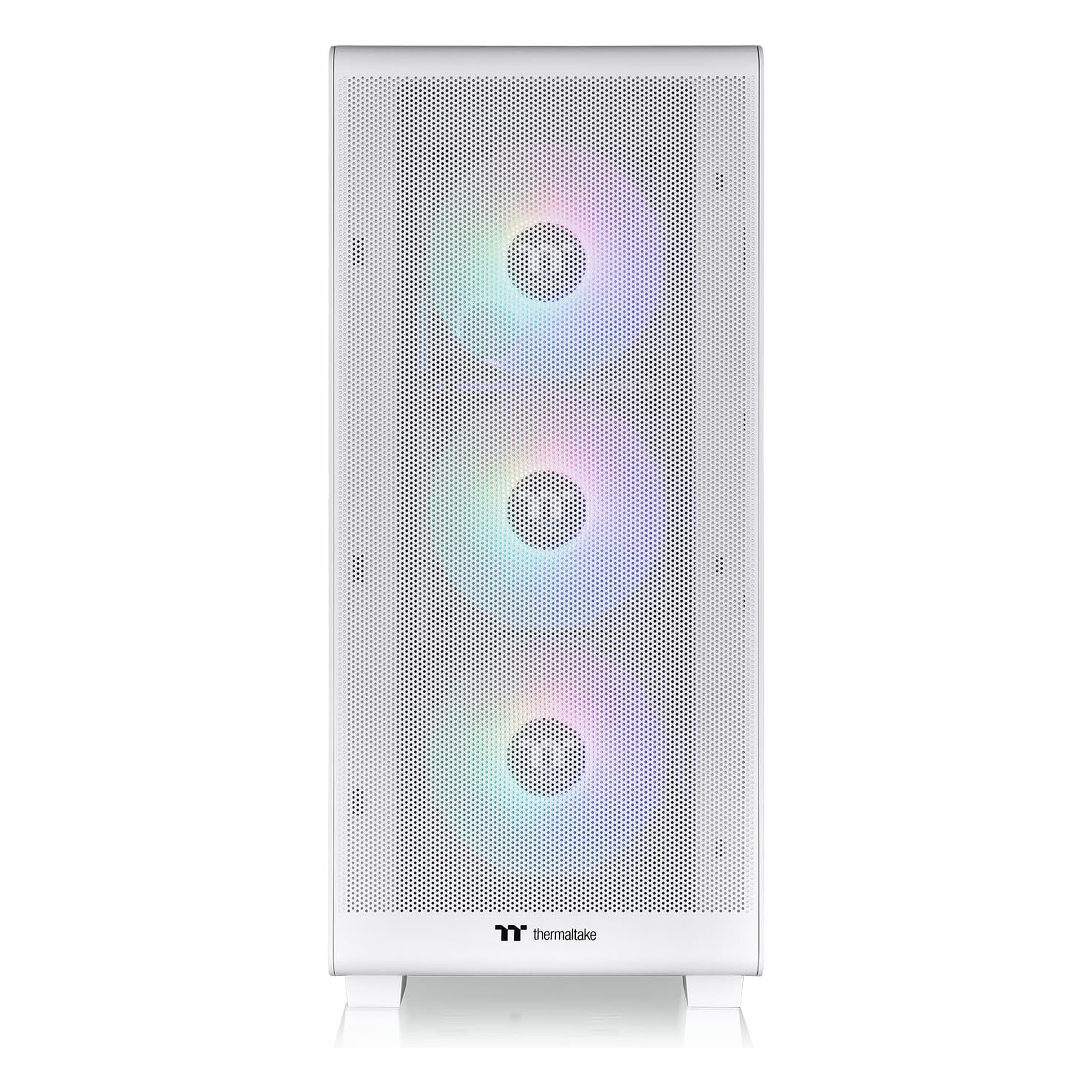 Ön panelinde ızgara ve üç adet aydınlatmalı RGB fan bulunan beyaz Thermaltake PC kasası.