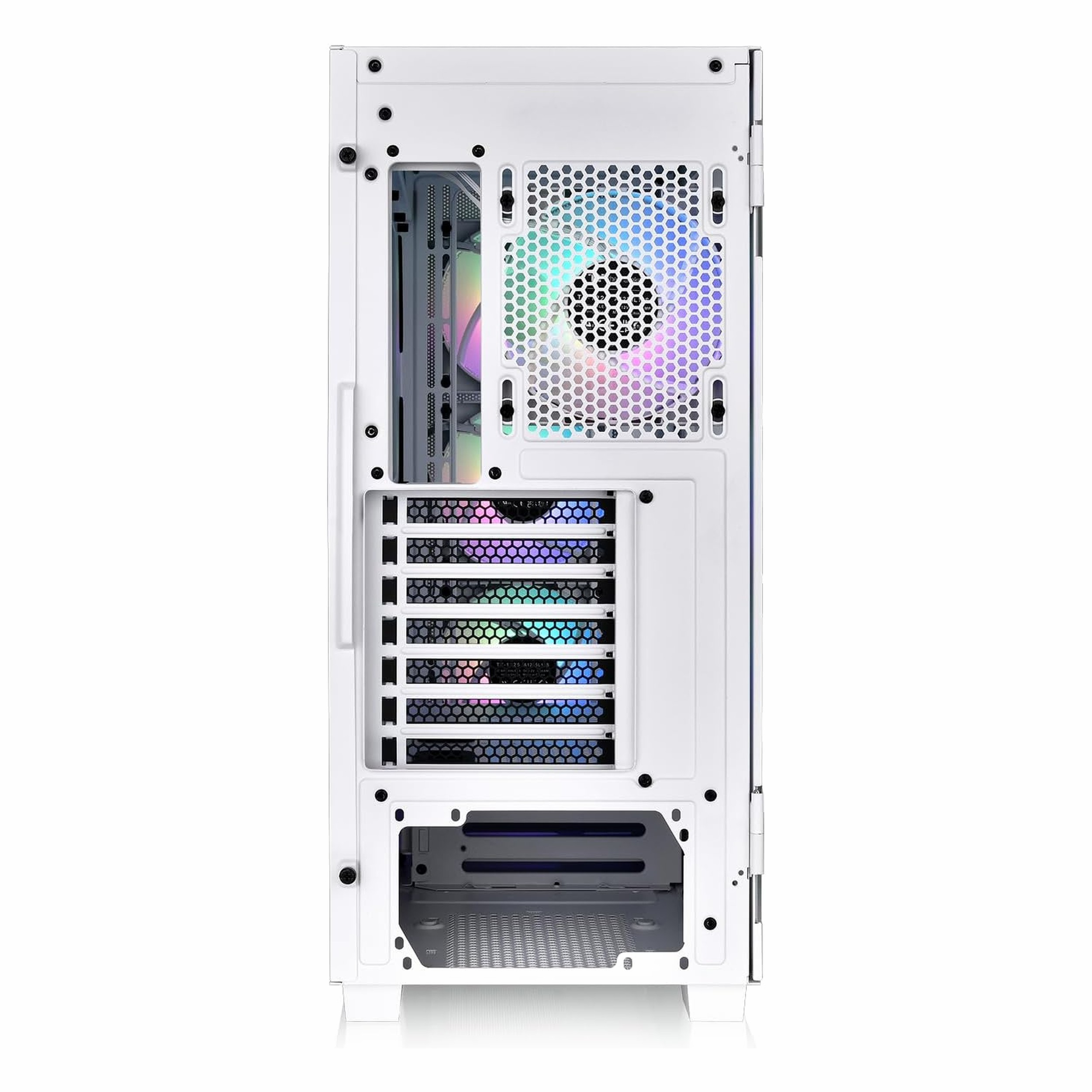 Beyaz arkaplanda RGB fanlar ve genişleme yuvaları bulunan beyaz bilgisayar kasasının arka görünümü.