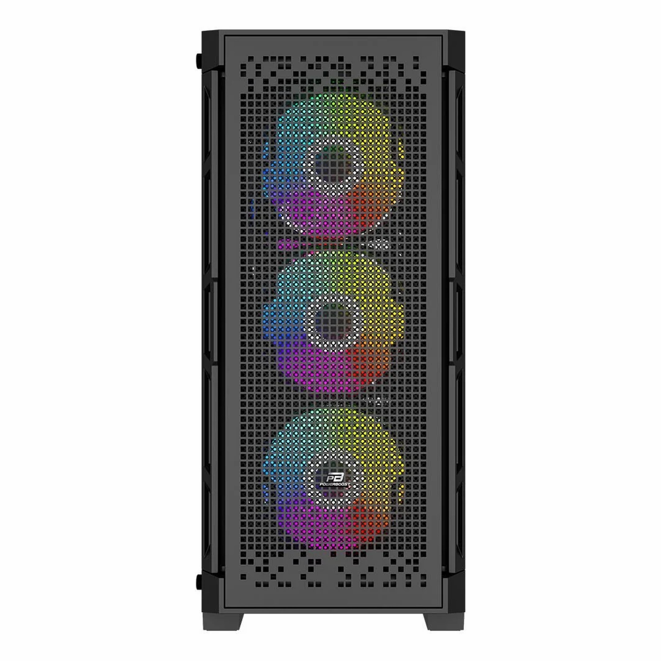 Önü ızgaralı ve üç aydınlatmalı RGB fanlı siyah bilgisayar kasası.