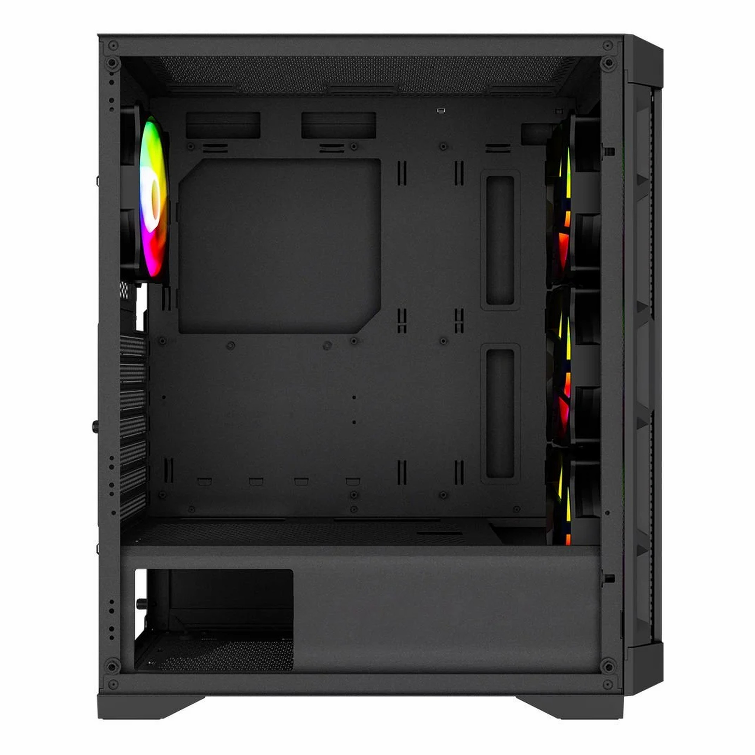 Arka ve ön tarafında dört adet RGB fan bulunan boş siyah bir bilgisayar kasası.