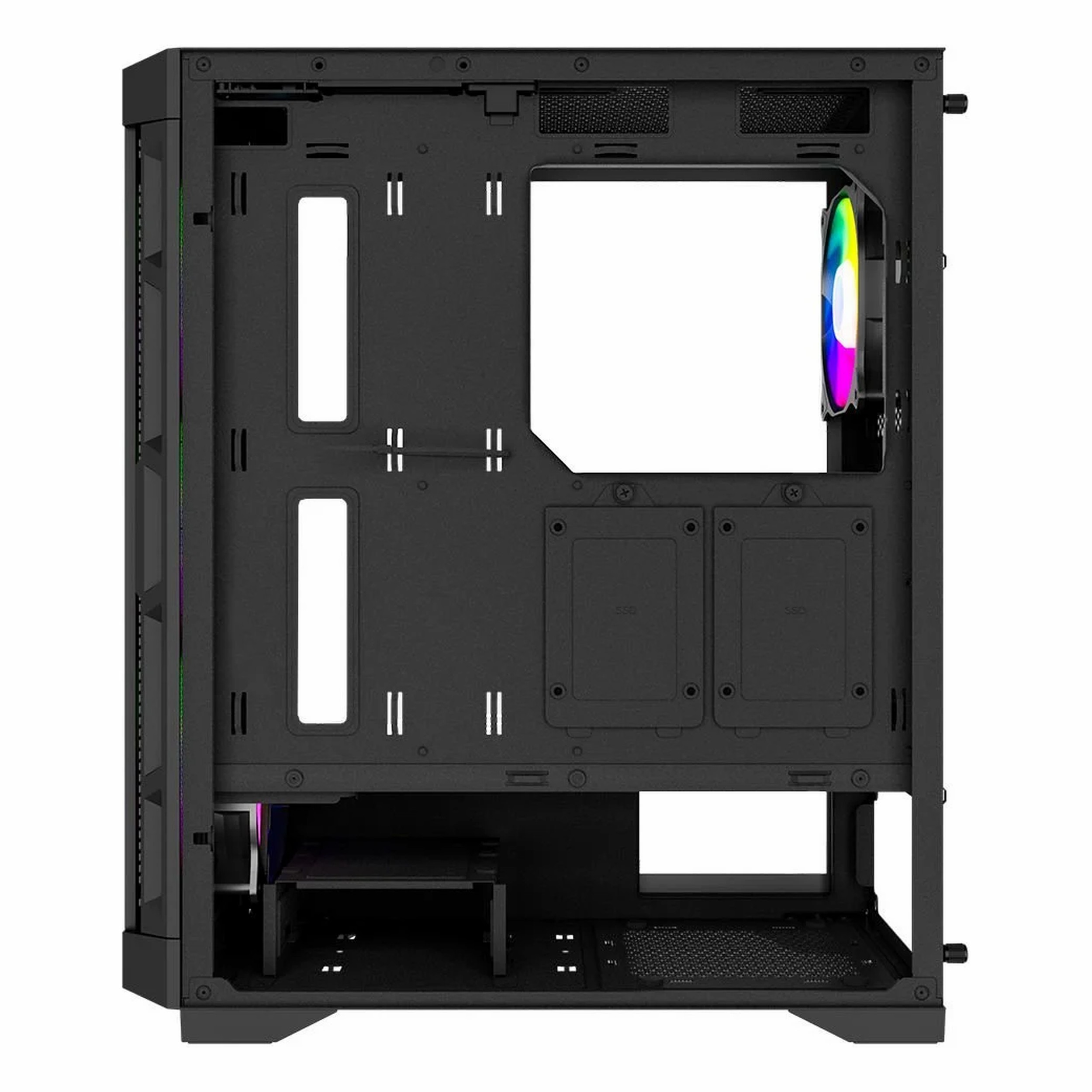 Kablo yönetim yuvaları ve RGB fanları olan siyah bilgisayar kasası.