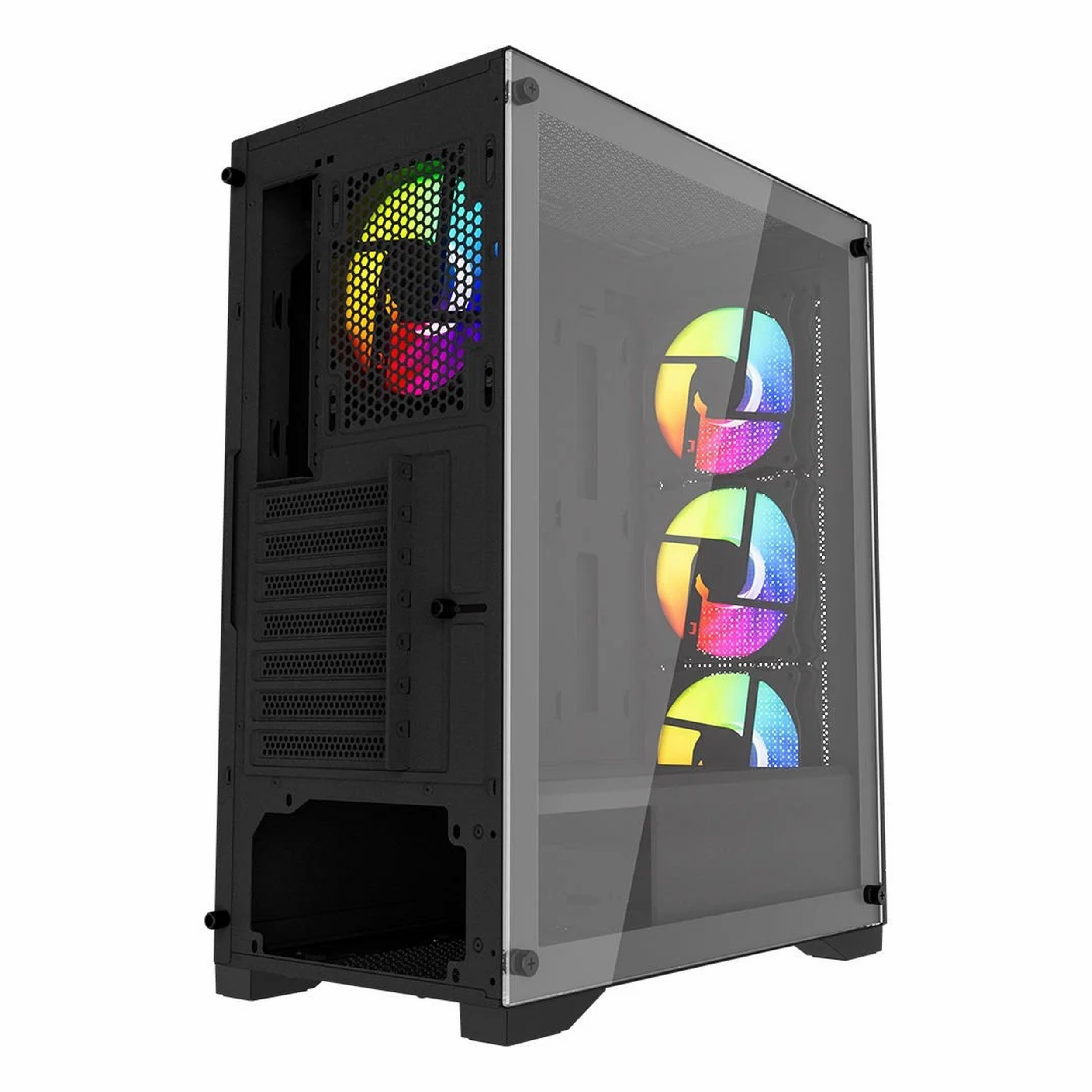 Dört renkli RGB fanlı siyah cam bilgisayar kasası.