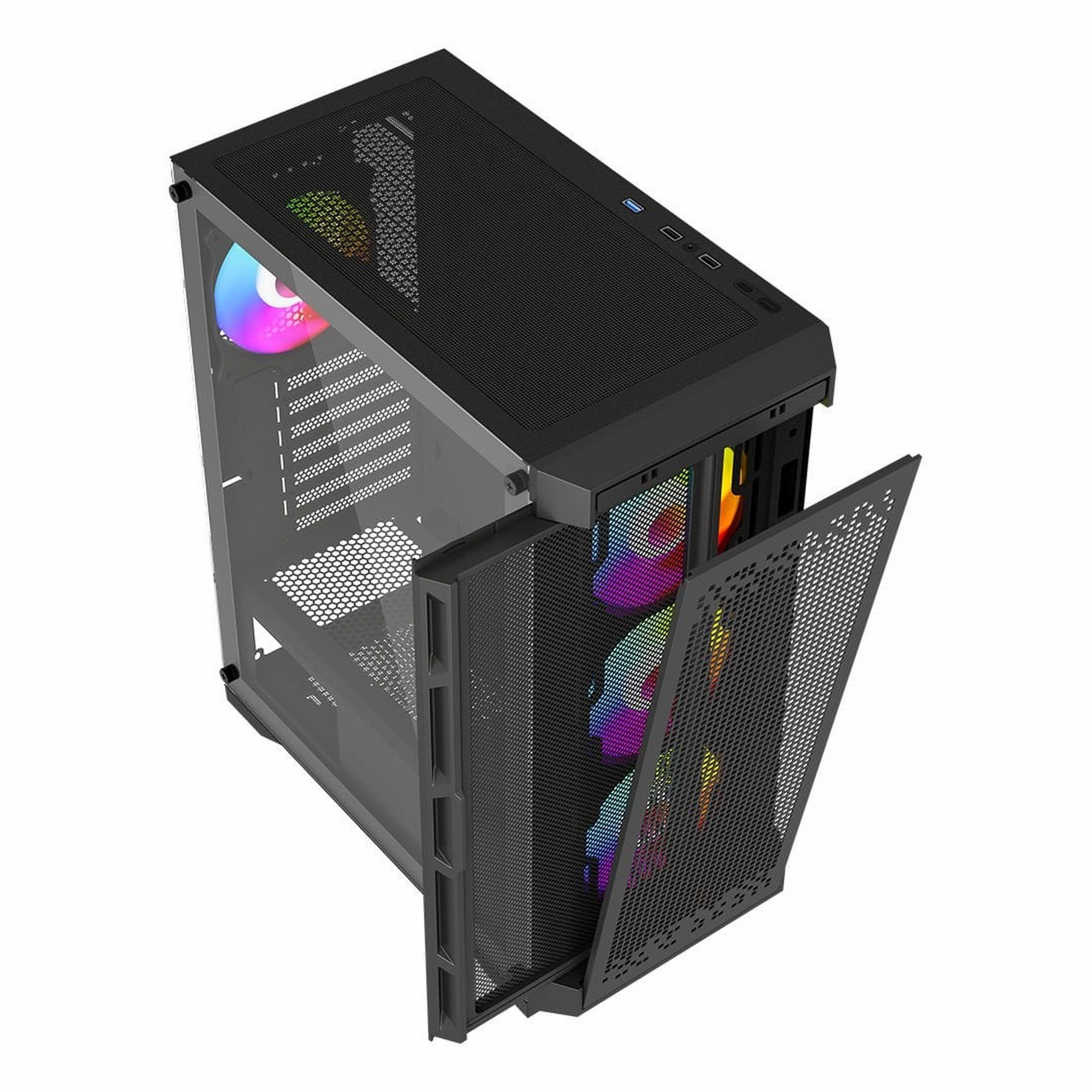 Ön ve üst panelleri fileli, içinde renkli RGB fanları gösteren açık ön kapılı siyah bir PC kasası.