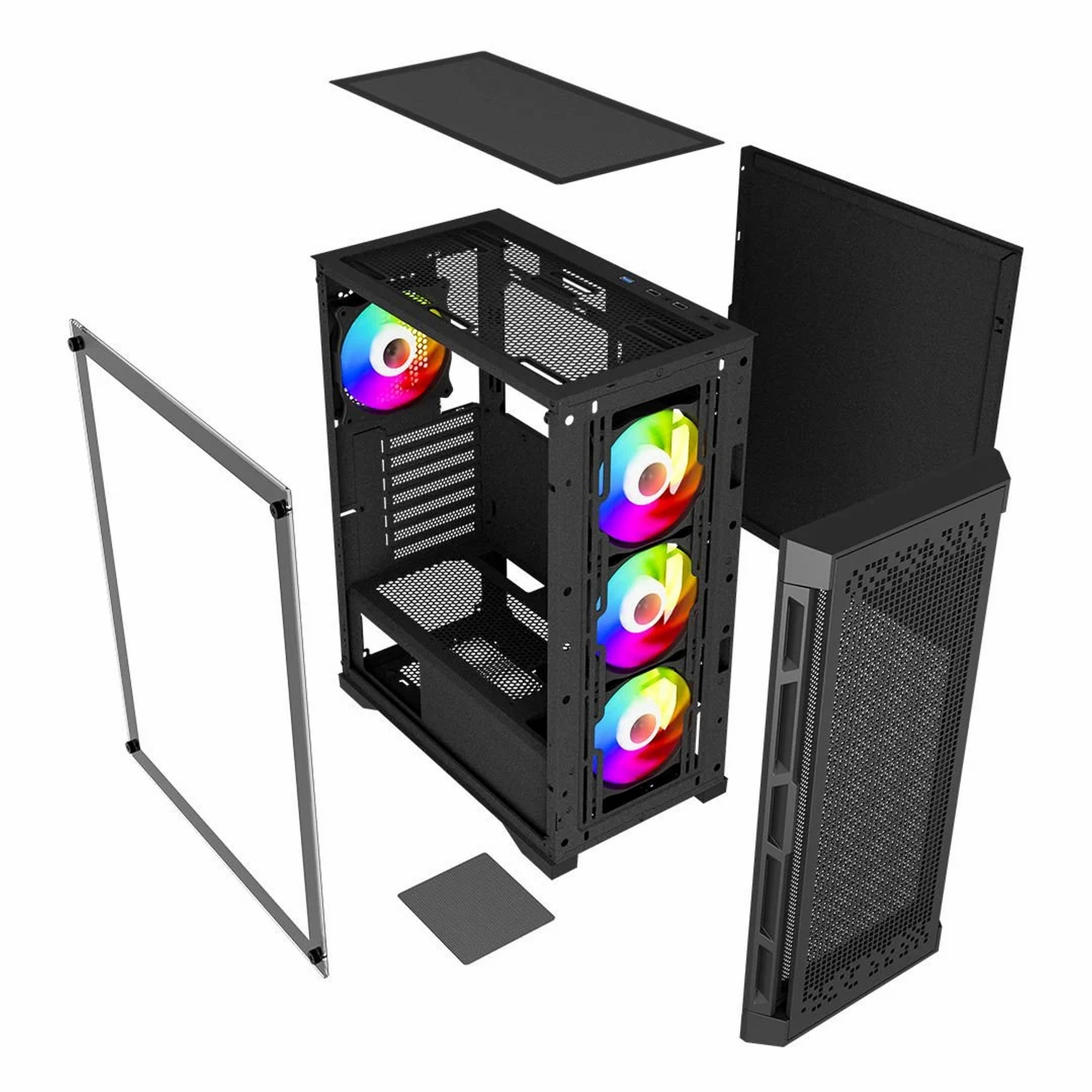 Sökülmüş panelleri, örgü filtreleri ve dört renkli RGB fanı gösteren siyah bir PC kasasının patlatılmış görünümü.