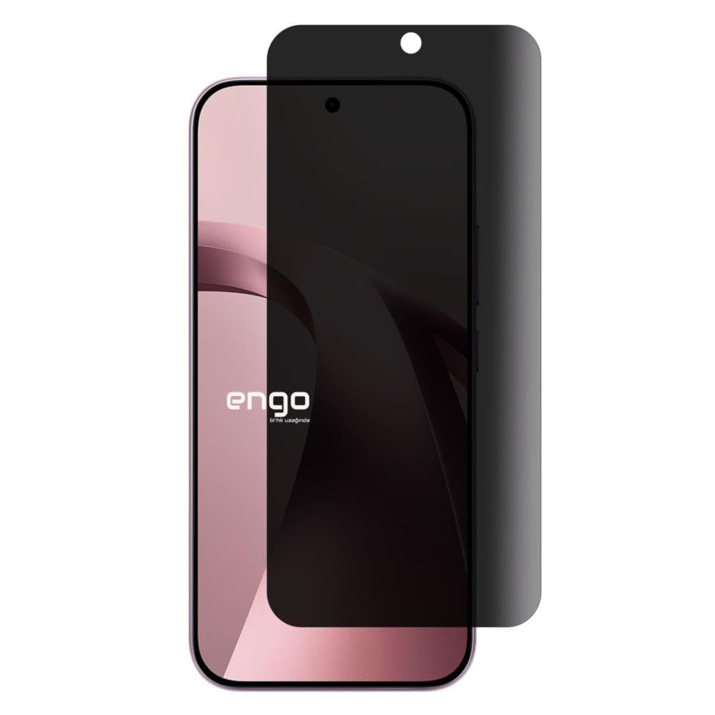 Pembe arka planlı akıllı telefon ve üzerinde engo yazısı olan kısmen kaldırılmış siyah ekran koruyucu.