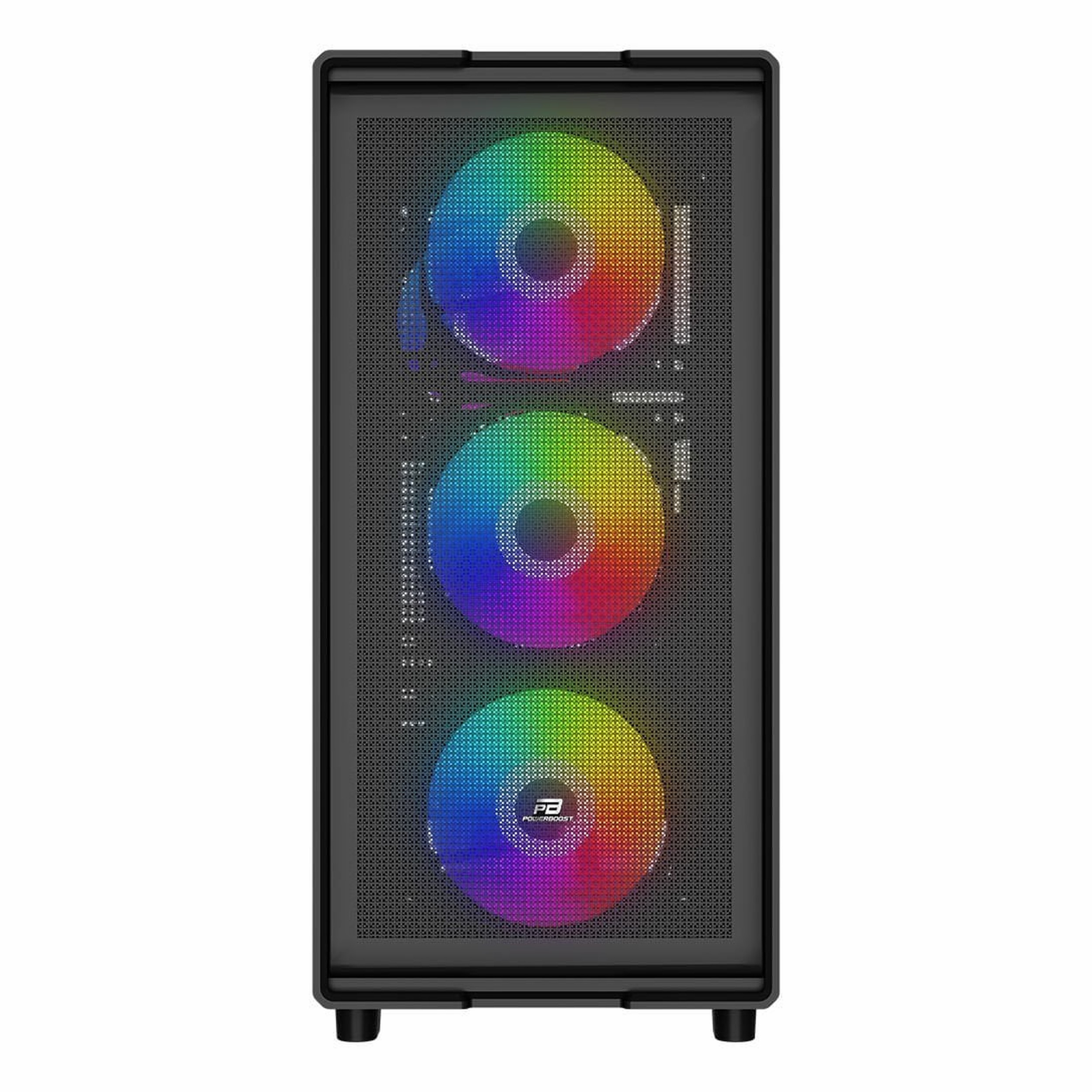 Üç yanan RGB fanlı ve mesh ön panelli siyah bilgisayar kasası.