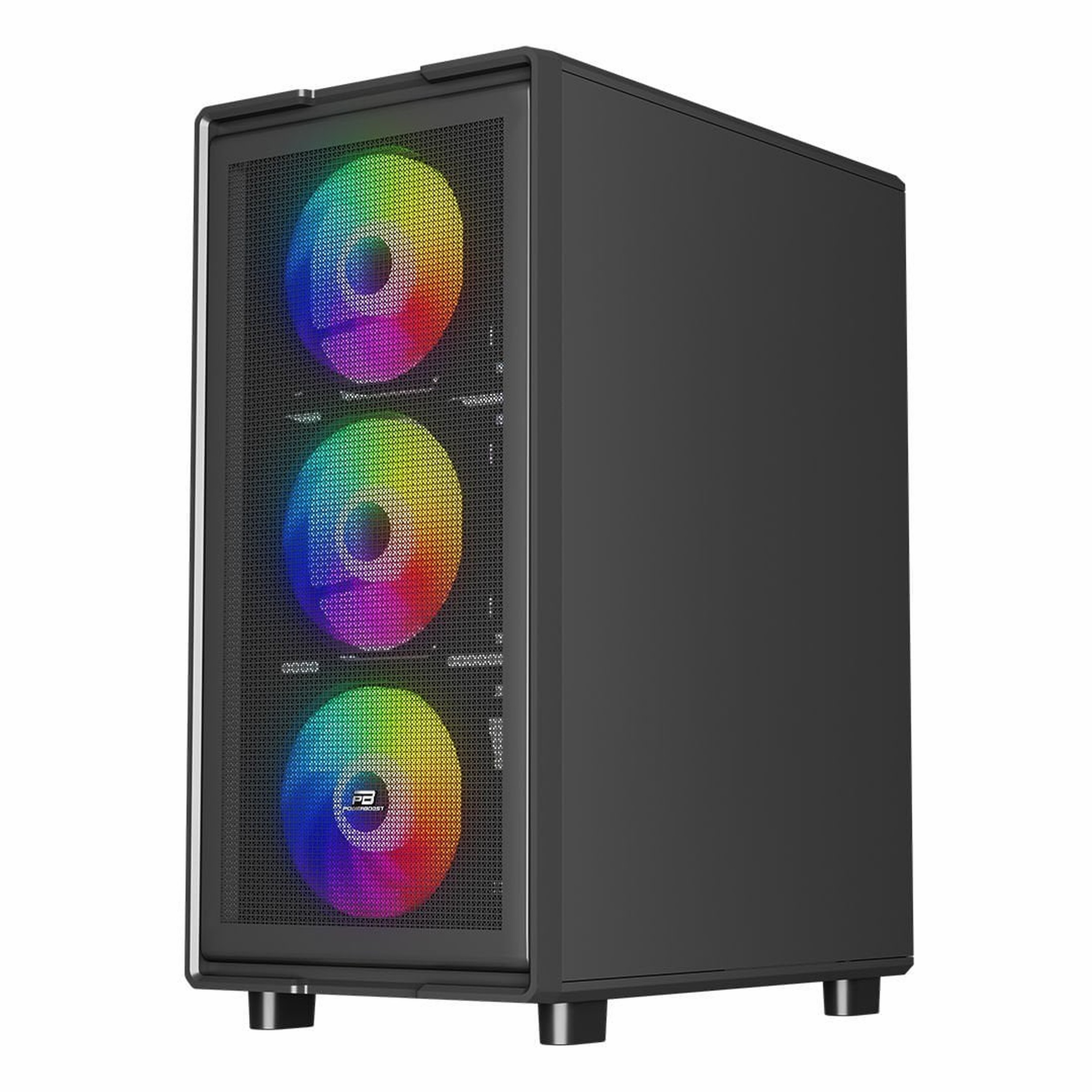 Ön panelinde file olan ve gökkuşağı renklerinde parlayan üç RGB fanlı siyah bir bilgisayar kasası, beyaz arka planda.