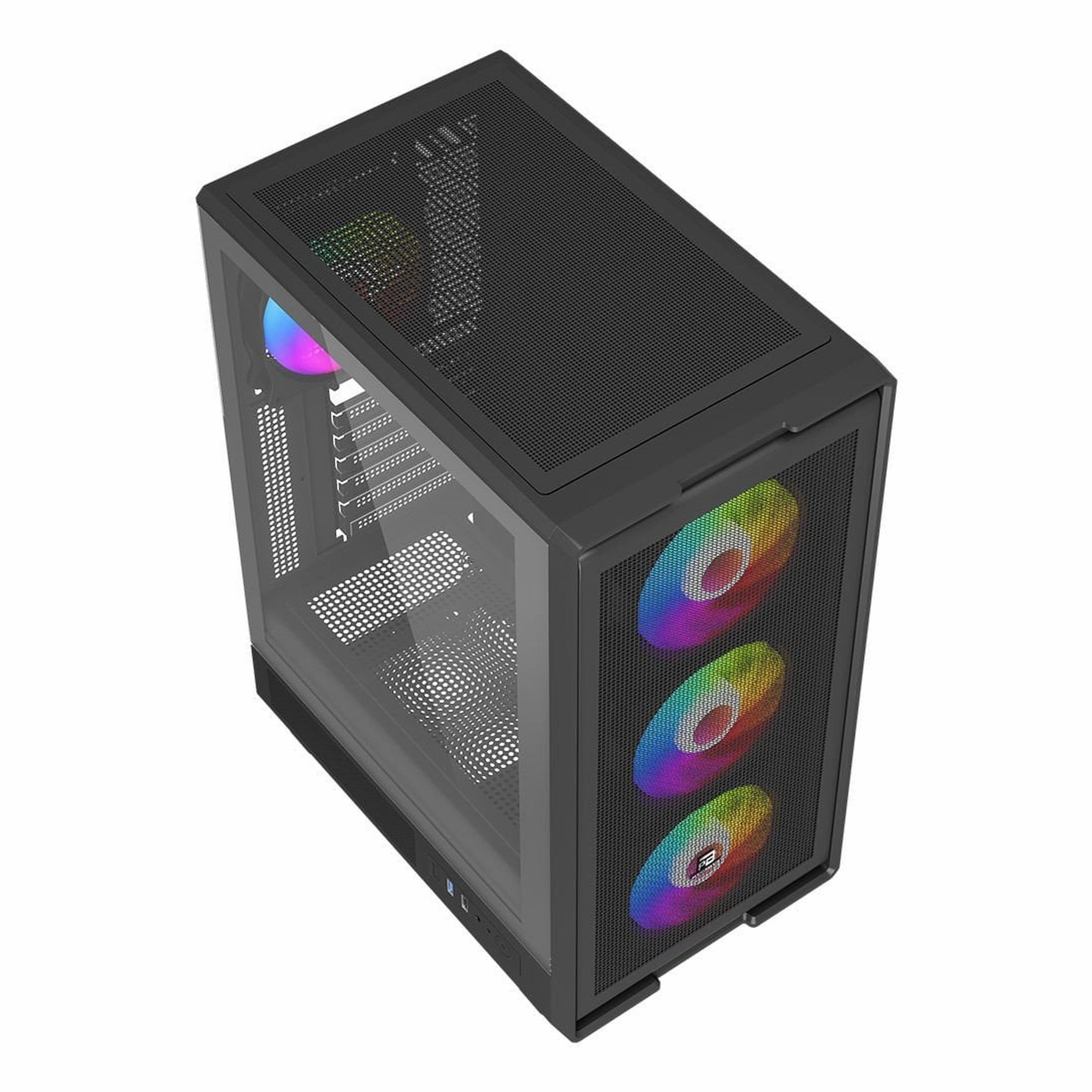 Önü fileli, üç RGB fanlı, cam yan panelli ve üst file kapaklı siyah bilgisayar kasası.