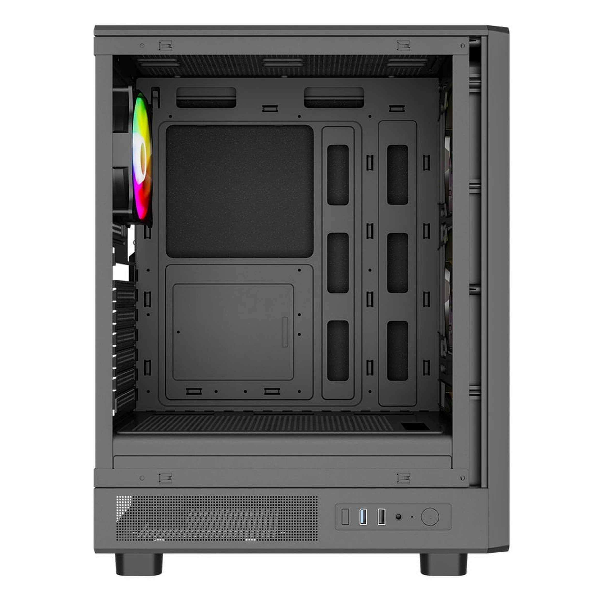 Arka panelinde renkli bir RGB fan ve çok sayıda kablo yönlendirme deli ği bulunan gri bir bilgisayar kasasının içi.