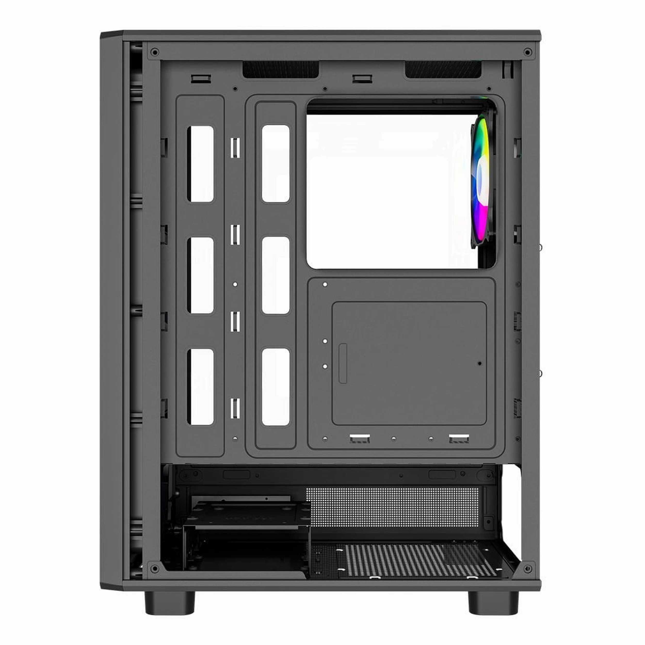Arka duvarında renkli bir RGB fan bulunan gri bilgisayar kasasının iç görünümü.
