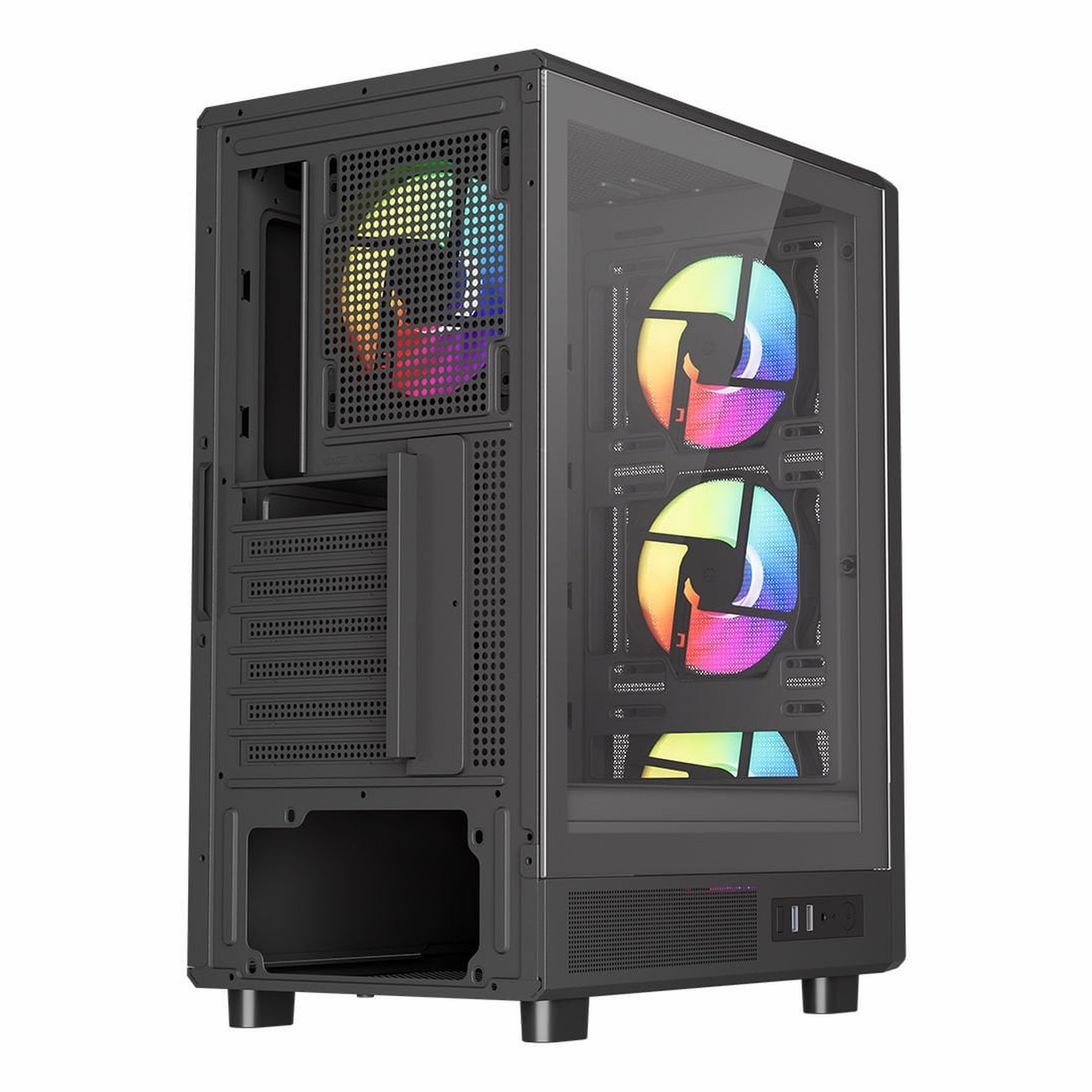 Cam yan panelli ve renkli RGB fanlı siyah bilgisayar kasası.