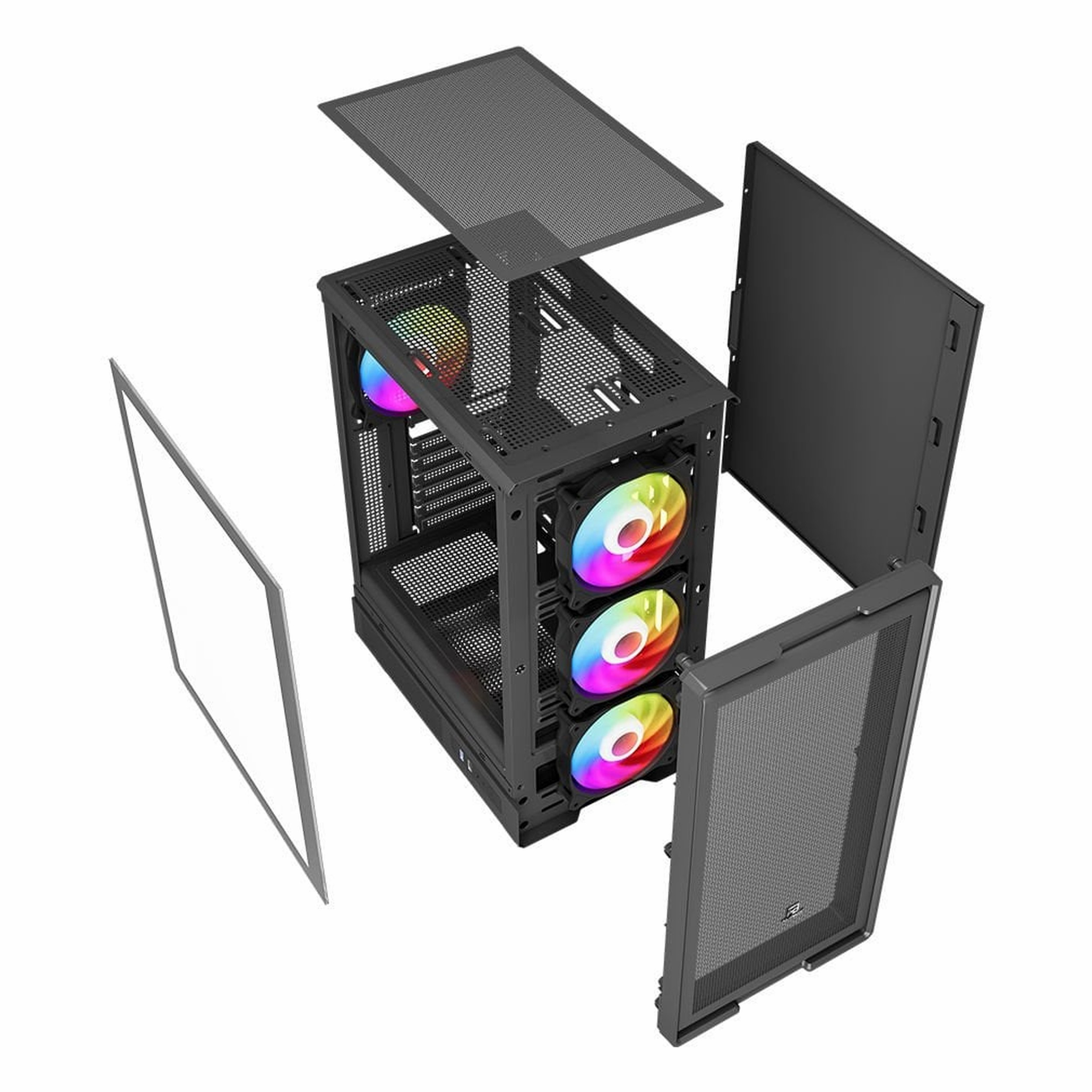 Panelleri, örgü filtreleri ve RGB fanları gösteren siyah bir oyuncu bilgisayar kasasının patlatılmış görünümü.