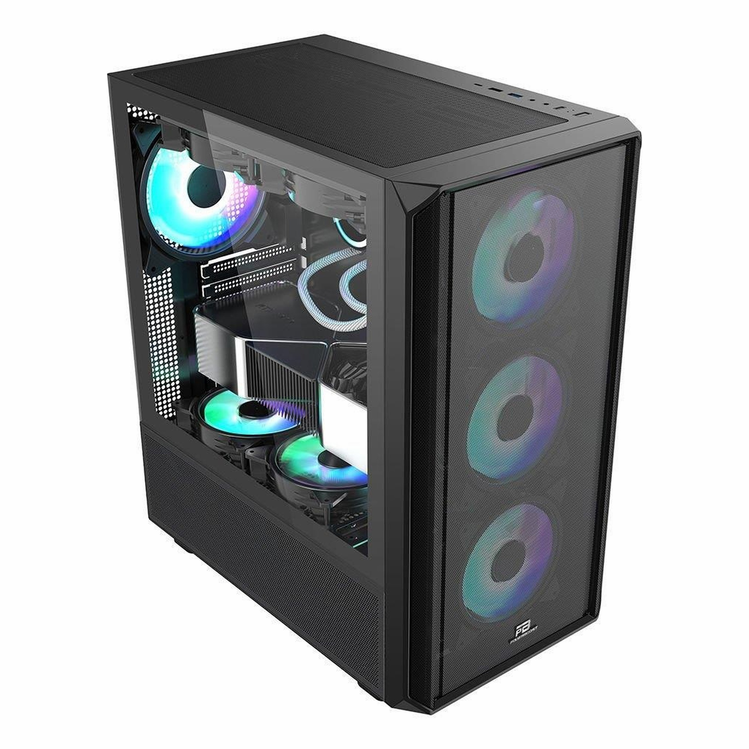 Cam yan panelli ve renkli RGB fanlı siyah bilgisayar kasası.