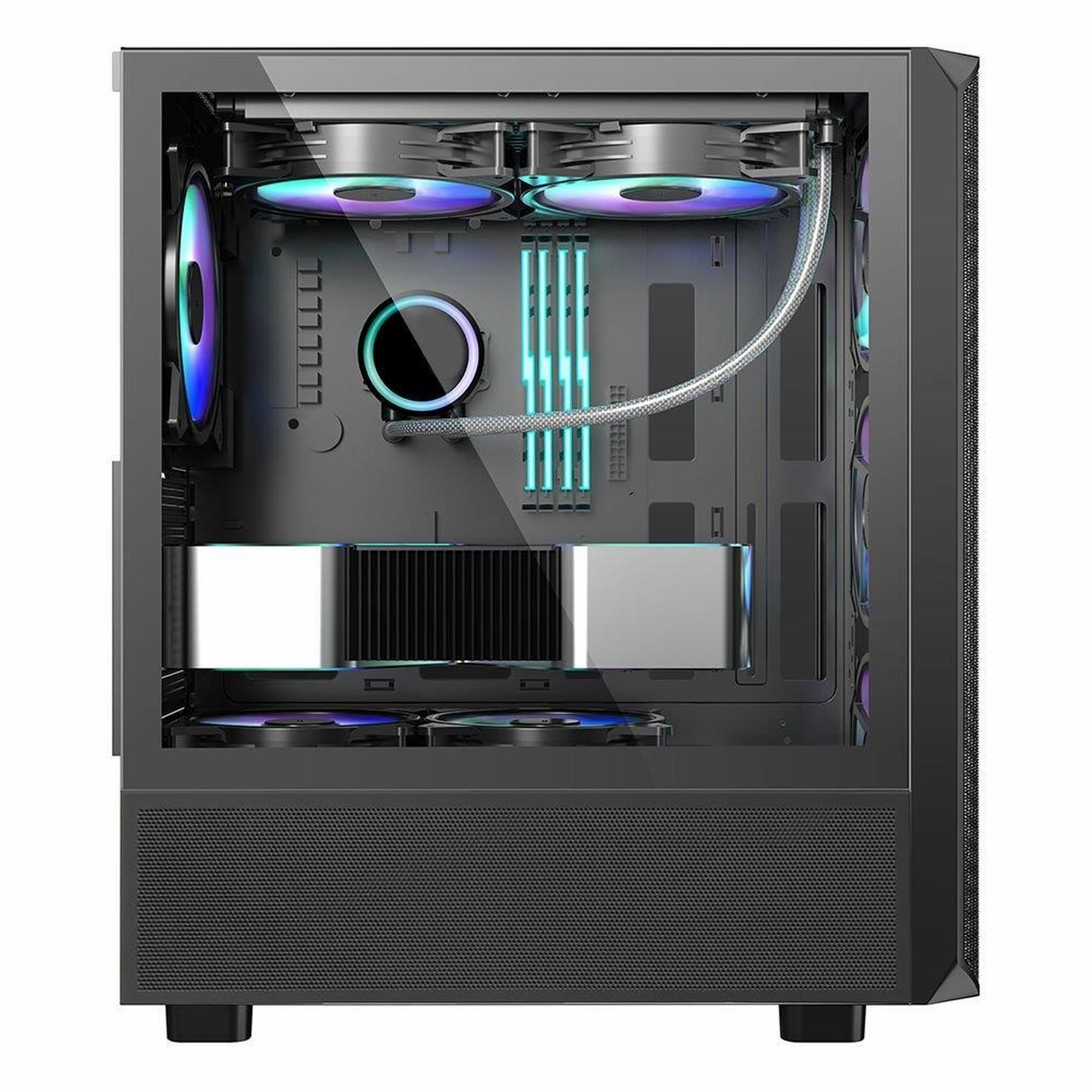 Cam yan kapaklı bir bilgisayar kasası, ekran kartı, mavi ışıklı RAM'ler ve RGB fanları gösteriyor.