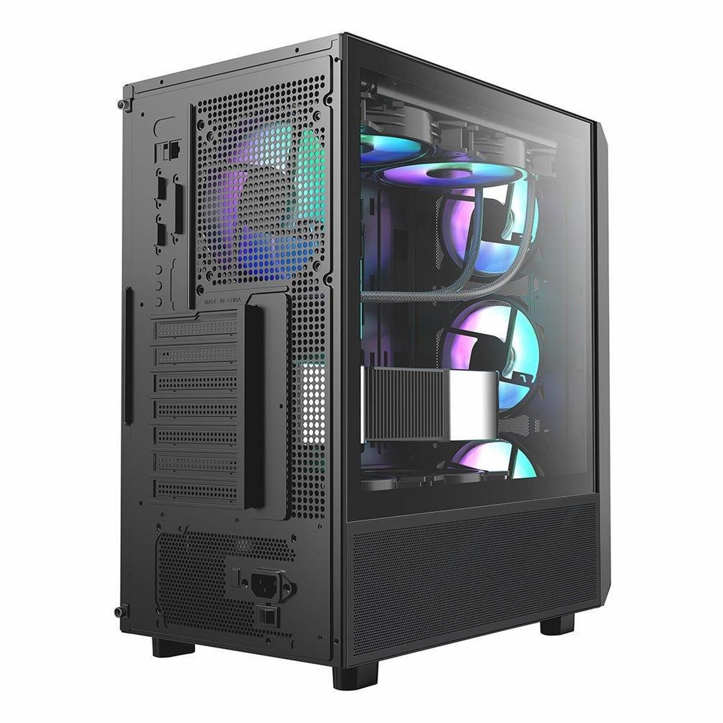 Cam yan panelli, RGB fanlı ve görünür iç bileşenlere sahip siyah bilgisayar kasası.
