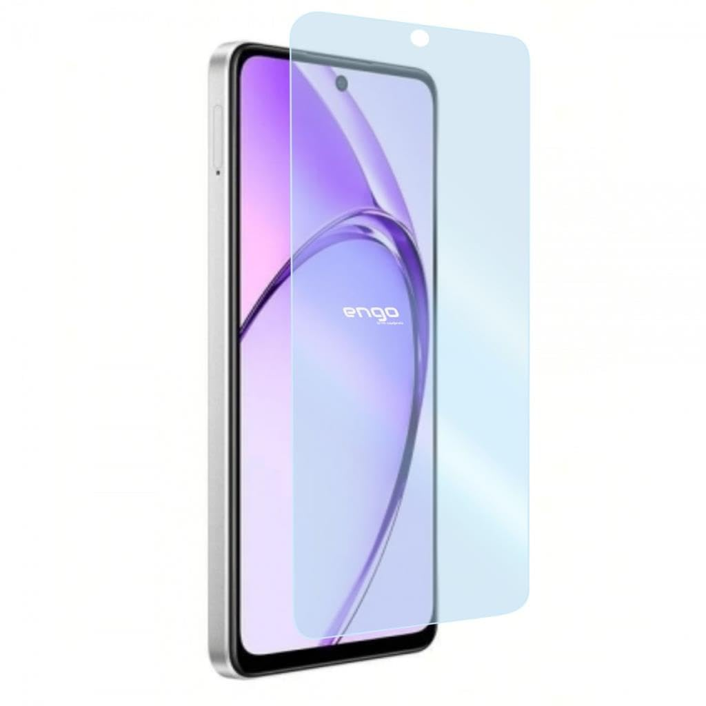 Hafifçe kaldırılmış mavi ekran koruyucusuna sahip gümüş renkli akıllı telefon, ekranda engo markasını gösteriyor.