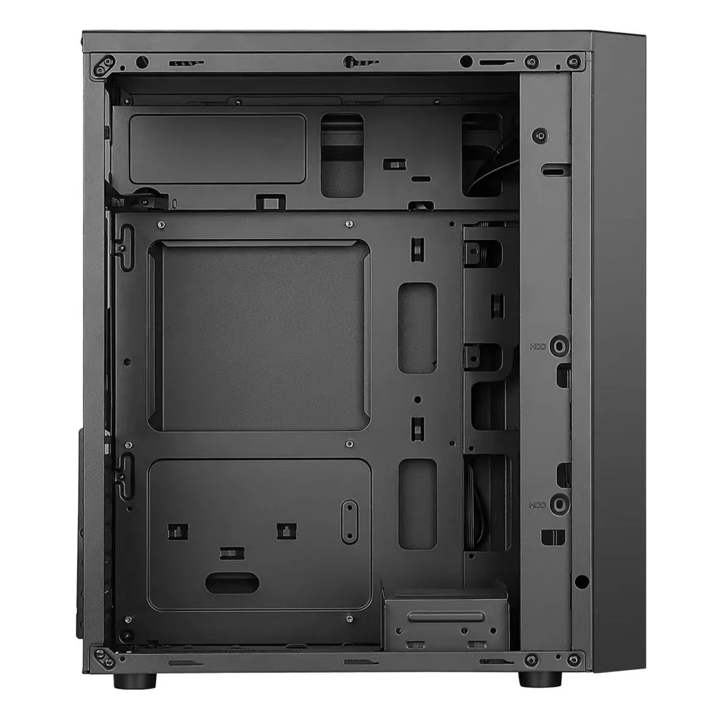 Kablo kanalları ve montaj yuvaları olan boş, siyah bir PC kasasının içi.