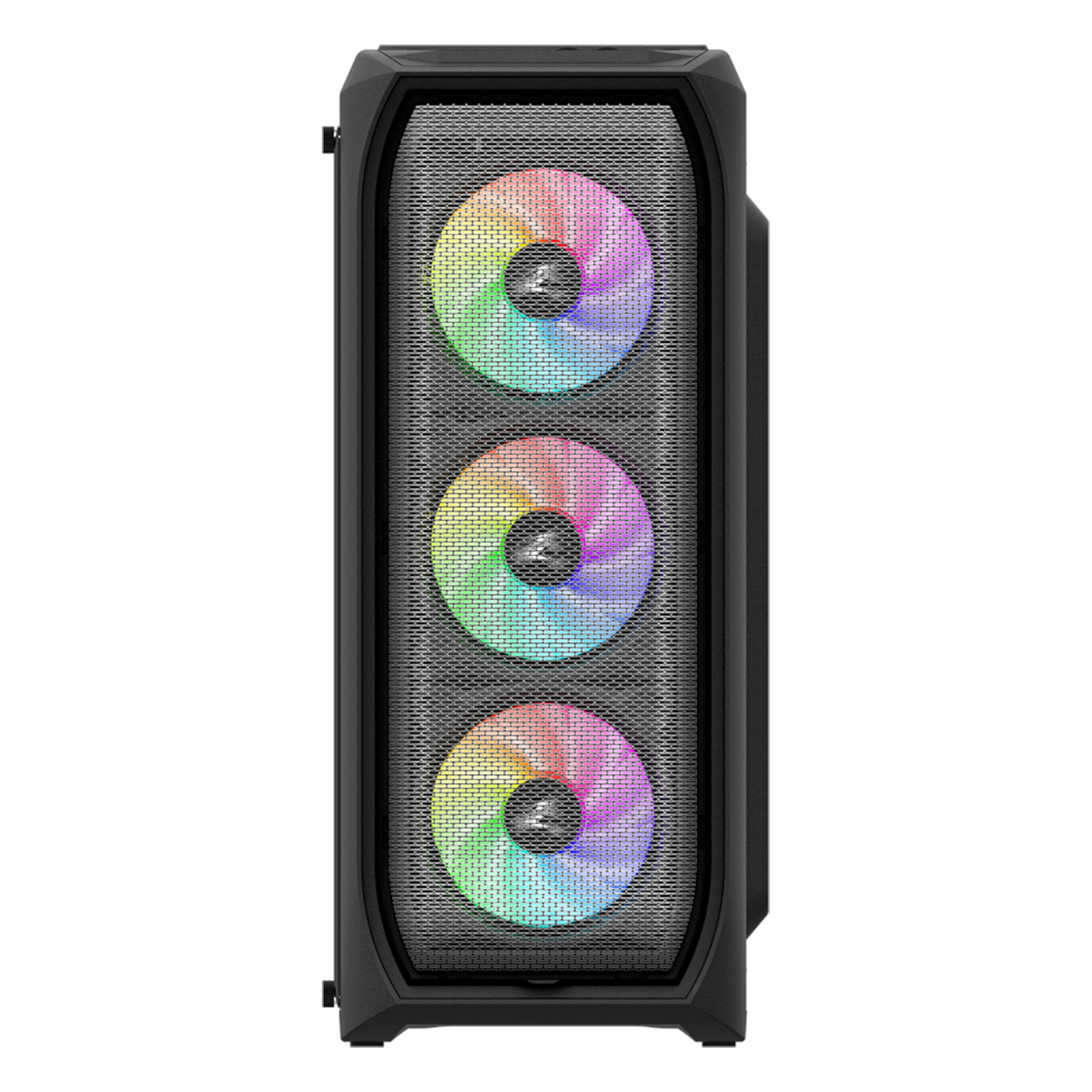 Ön paneli fileli ve üç renkli RGB fanlı siyah bilgisayar kasası.