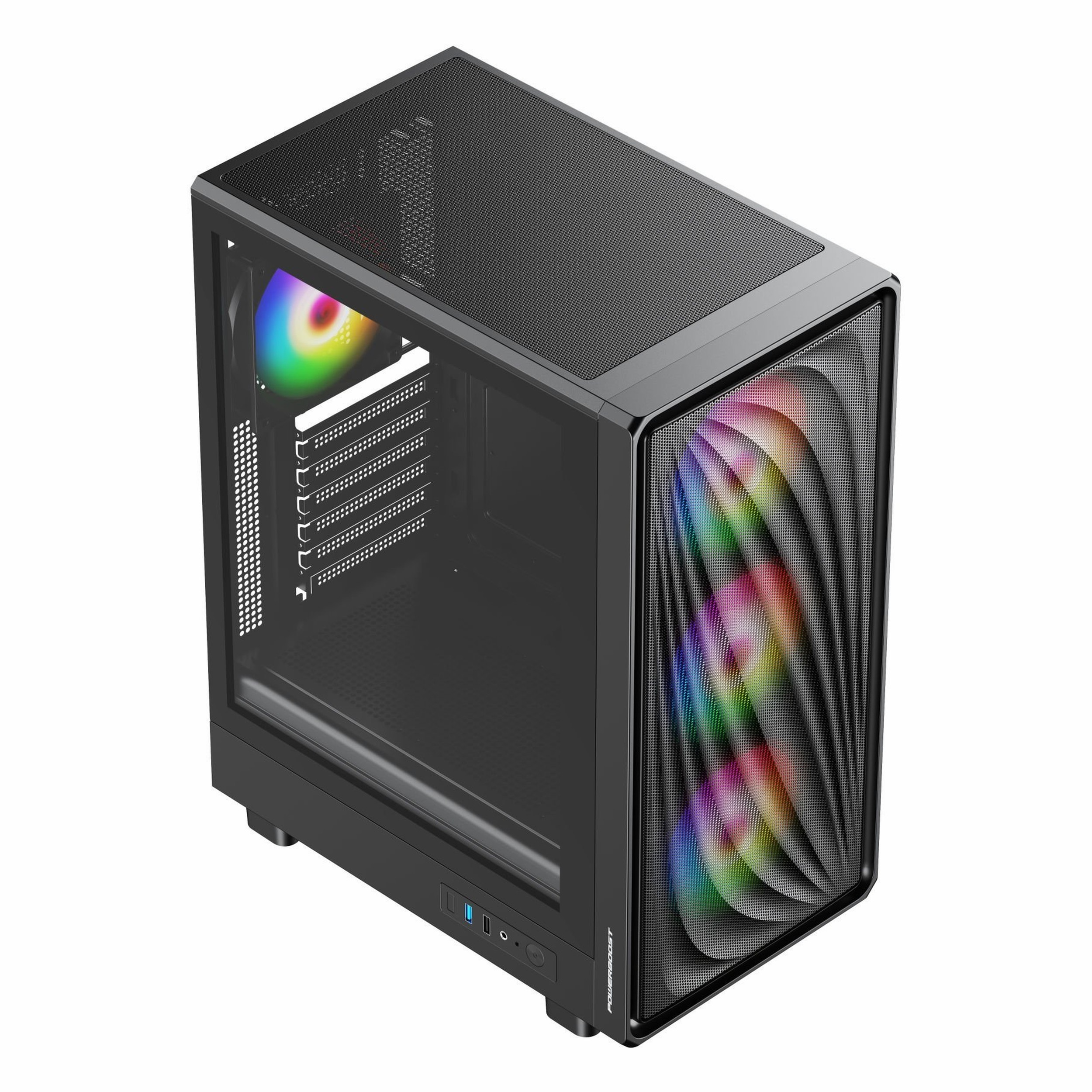 Önü fileli, cam yan panelli ve renkli RGB fanlı siyah bilgisayar kasası.